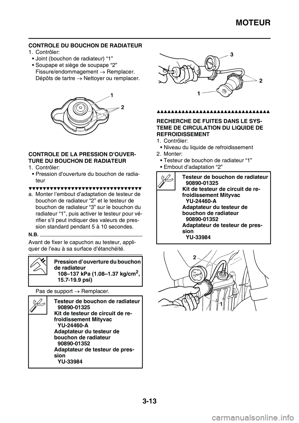 YAMAHA YZ450F 2014  Notices Demploi (in French) MOTEUR
3-13
FAS1SL1073CONTROLE DU BOUCHON DE RADIATEUR
1. Contrôler:
• Joint (bouchon de radiateur) “1”
• Soupape et siège de soupape “2”
Fissure/endommagement  Remplacer.
Dépôts de