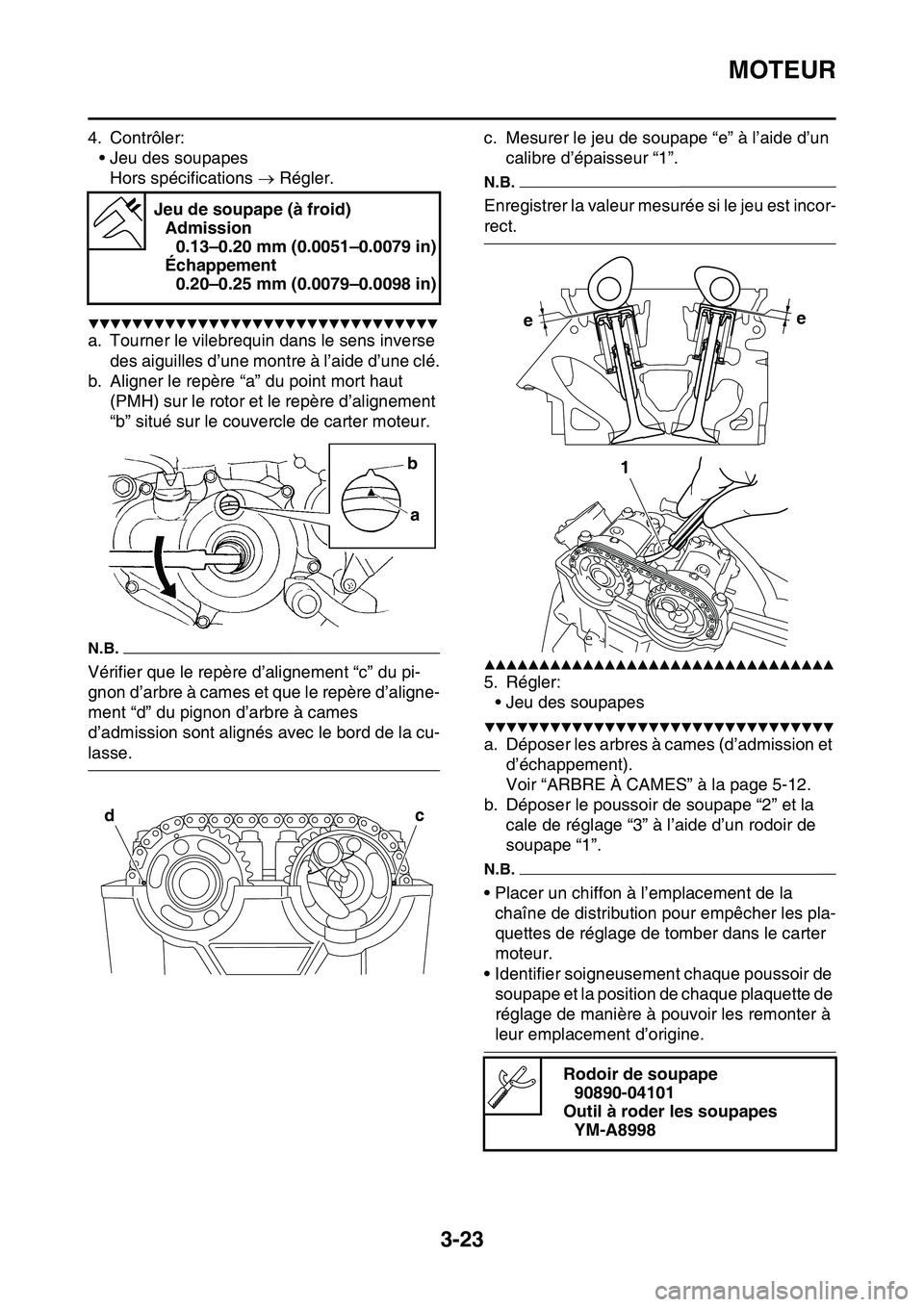 YAMAHA YZ450F 2014  Notices Demploi (in French) MOTEUR
3-23
4. Contrôler:
• Jeu des soupapes
Hors spécifications  Régler.
▼▼▼▼▼▼▼▼▼▼▼▼▼▼▼▼▼▼▼▼▼▼▼▼▼▼▼▼▼▼▼▼
a. Tourner le vilebre