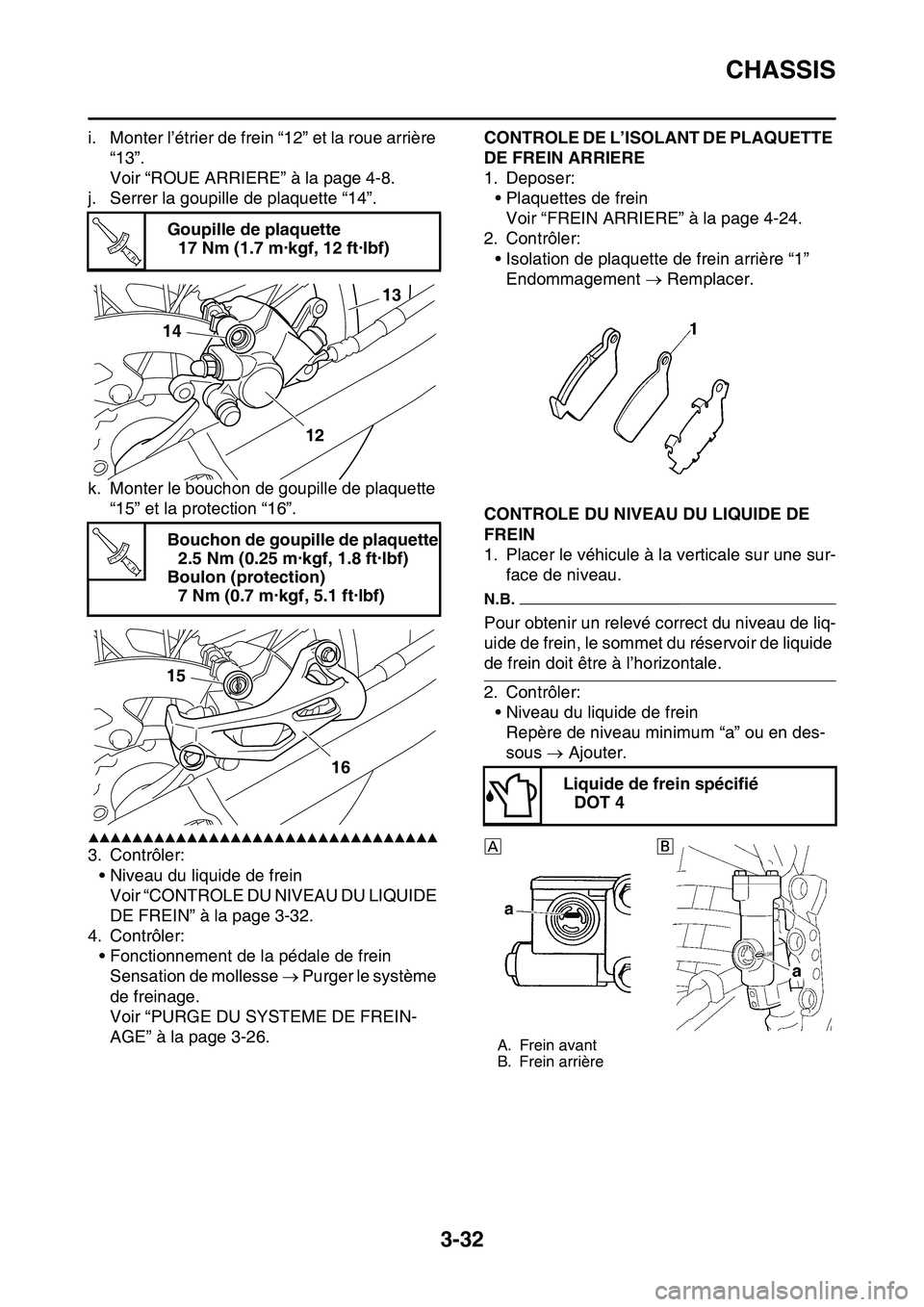YAMAHA YZ450F 2014  Notices Demploi (in French) CHASSIS
3-32
i. Monter l’étrier de frein “12” et la roue arrière 
“13”.
Voir “ROUE ARRIERE” à la page 4-8.
j. Serrer la goupille de plaquette “14”.
k. Monter le bouchon de goupill