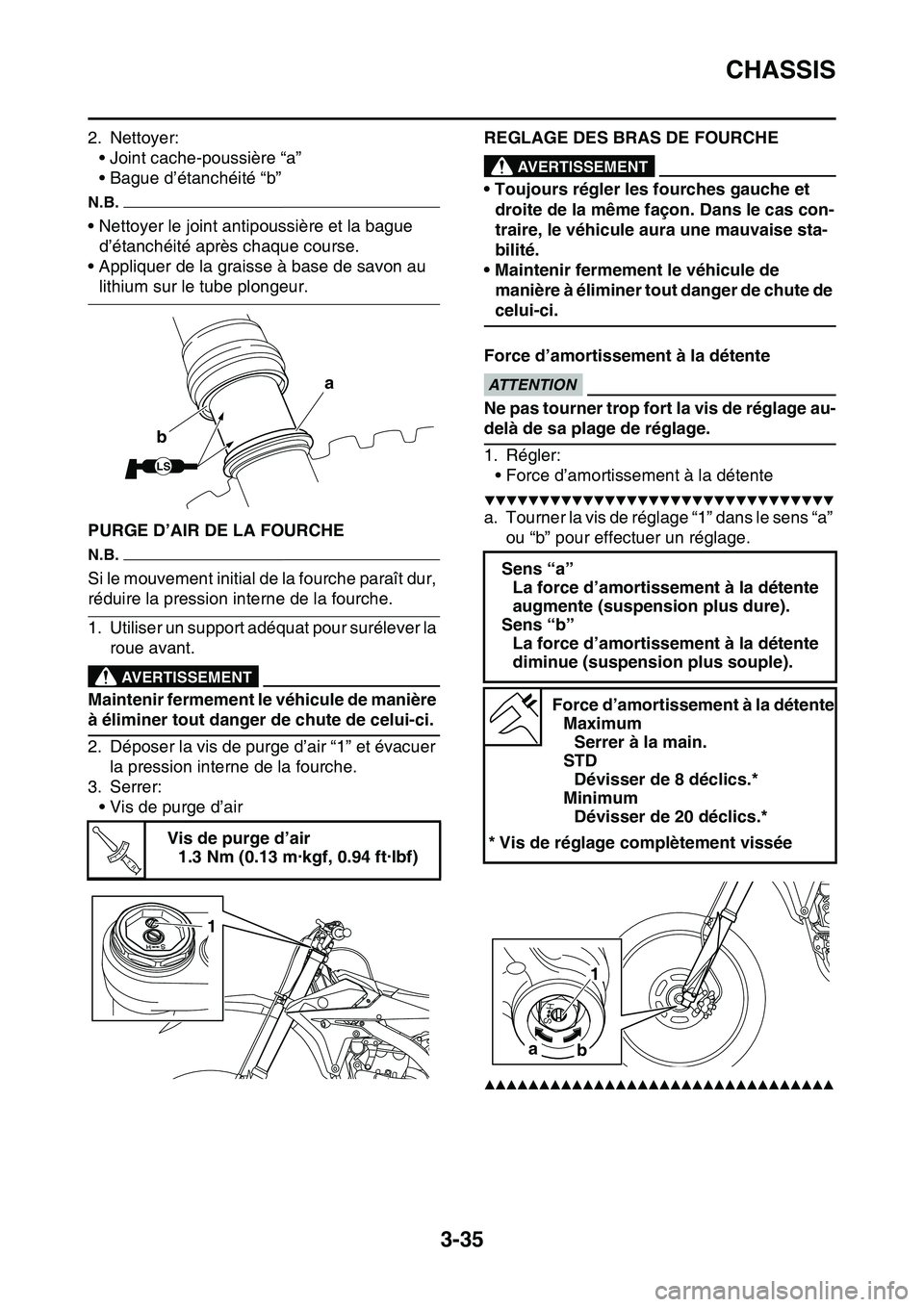 YAMAHA YZ450F 2014  Notices Demploi (in French) CHASSIS
3-35
2. Nettoyer:
• Joint cache-poussière “a”
• Bague d’étanchéité “b”
N.B.
• Nettoyer le joint antipoussière et la bague 
d’étanchéité après chaque course.
• Appl