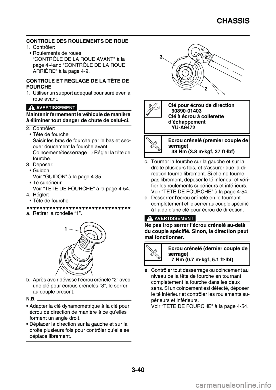 YAMAHA YZ450F 2014  Notices Demploi (in French) CHASSIS
3-40
CONTROLE DES ROULEMENTS DE ROUE
1. Contrôler:
• Roulements de roues
“CONTRÔLE DE LA ROUE AVANT” à la 
page 4-4and “CONTRÔLE DE LA ROUE 
ARRIÈRE” à la page 4-9.
FAS1SL1111C