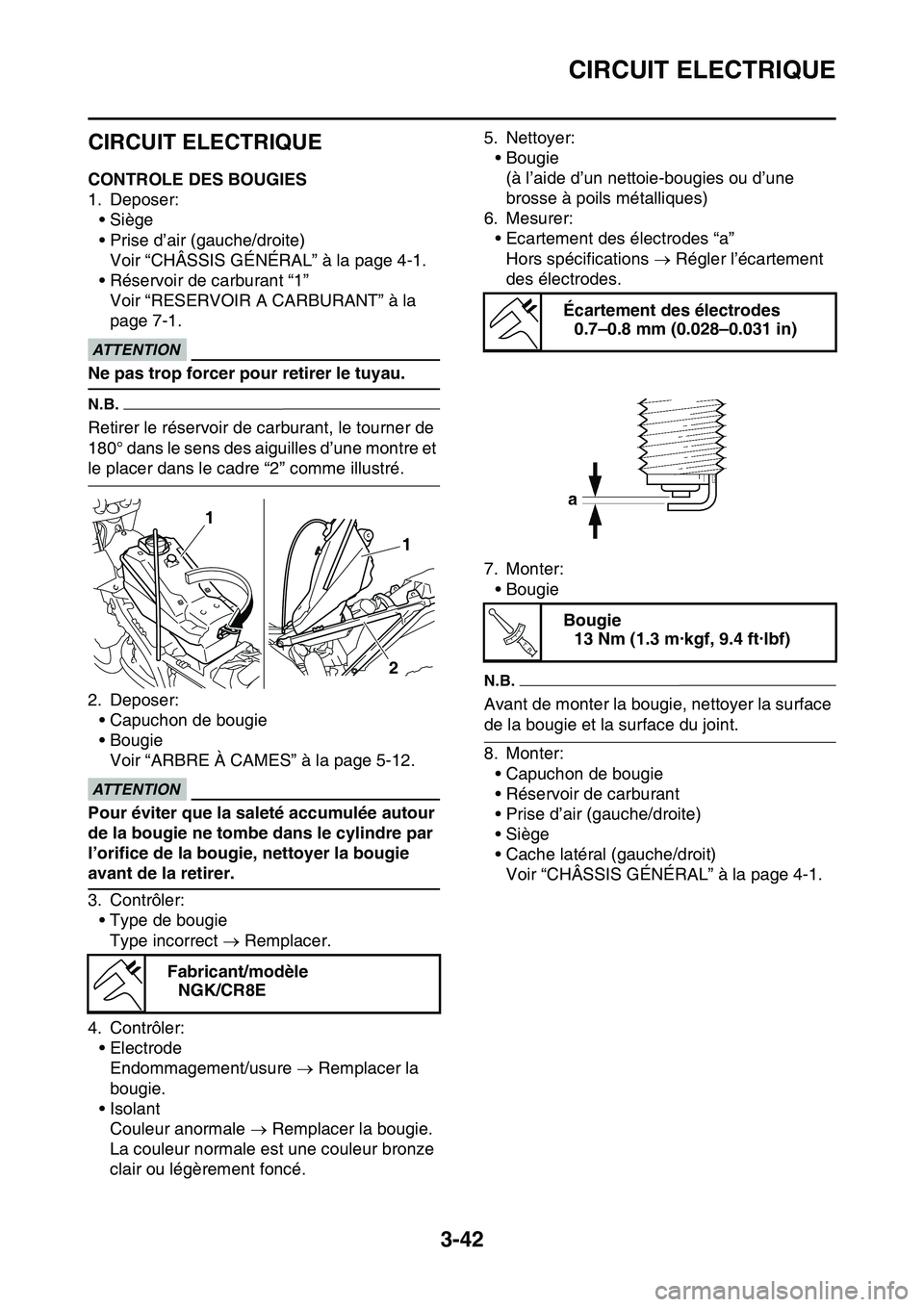 YAMAHA YZ450F 2014  Notices Demploi (in French) CIRCUIT ELECTRIQUE
3-42
FAS1SL1114
CIRCUIT ELECTRIQUE
FAS1SL1115CONTROLE DES BOUGIES
1. Deposer:
•Siège
• Prise d’air (gauche/droite)
Voir “CHÂSSIS GÉNÉRAL” à la page 4-1.
• Réservoi
