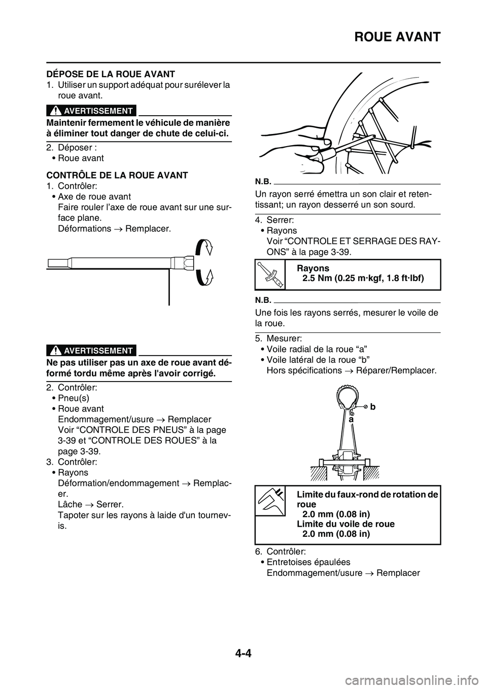YAMAHA YZ450F 2014  Notices Demploi (in French) ROUE AVANT
4-4
FAS1SL1123DÉPOSE DE LA ROUE AVANT
1. Utiliser un support adéquat pour surélever la 
roue avant.
EWA13120
AVERTISSEMENT
Maintenir fermement le véhicule de manière 
à éliminer tout