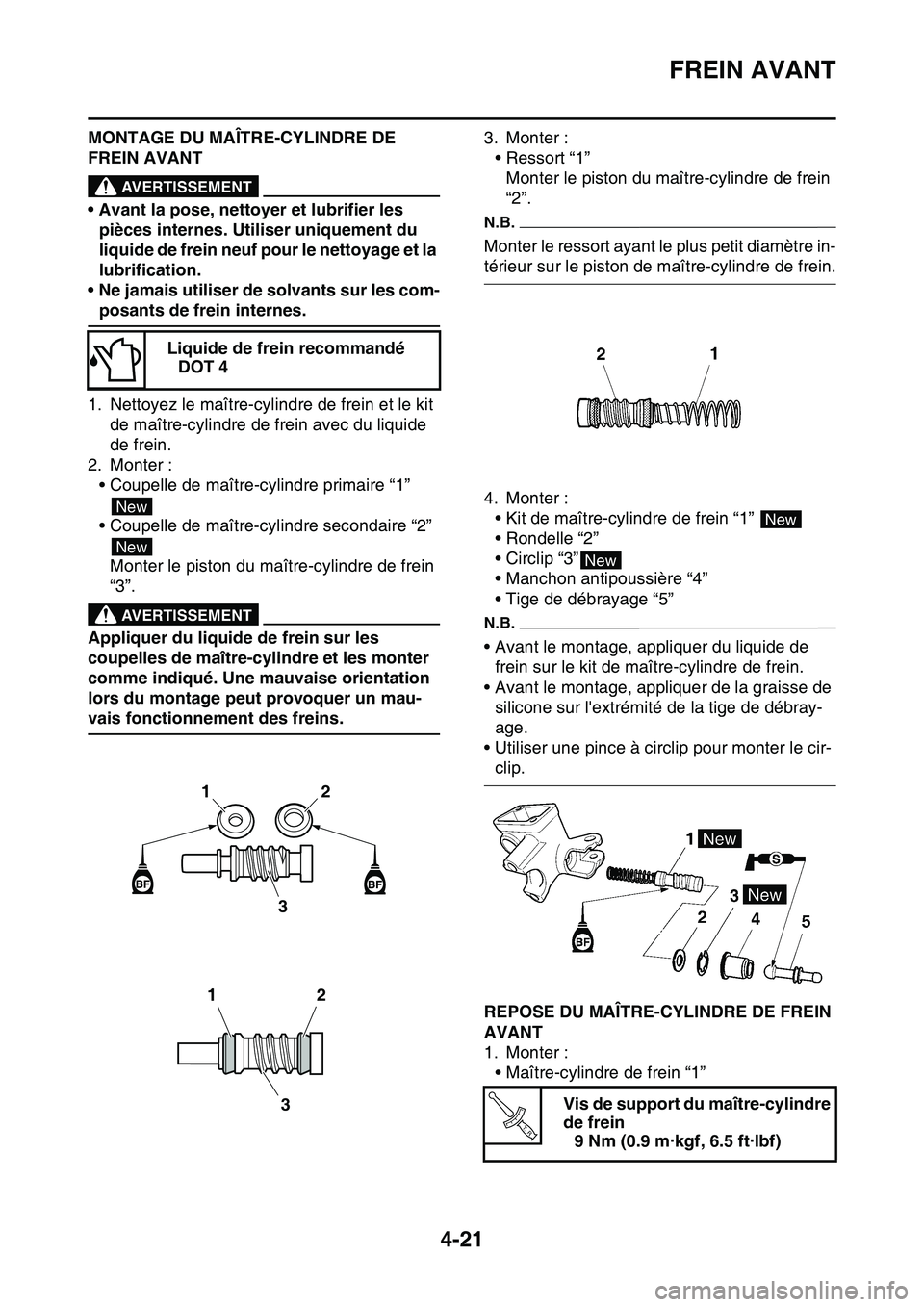 YAMAHA YZ450F 2014  Notices Demploi (in French) FREIN AVANT
4-21
MONTAGE DU MAÎTRE-CYLINDRE DE 
FREIN AVANT
EWA13520
AVERTISSEMENT
• Avant la pose, nettoyer et lubrifier les 
pièces internes. Utiliser uniquement du 
liquide de frein neuf pour l