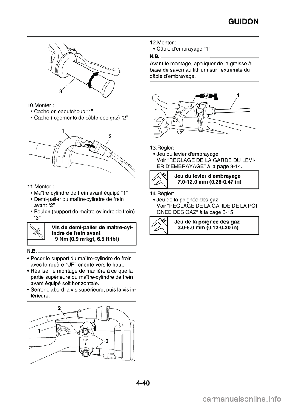 YAMAHA YZ450F 2014  Notices Demploi (in French) GUIDON
4-40
10.Monter :
• Cache en caoutchouc “1”
• Cache (logements de câble des gaz) “2”
11.Monter :
• Maître-cylindre de frein avant équipé “1”
• Demi-palier du maître-cyli