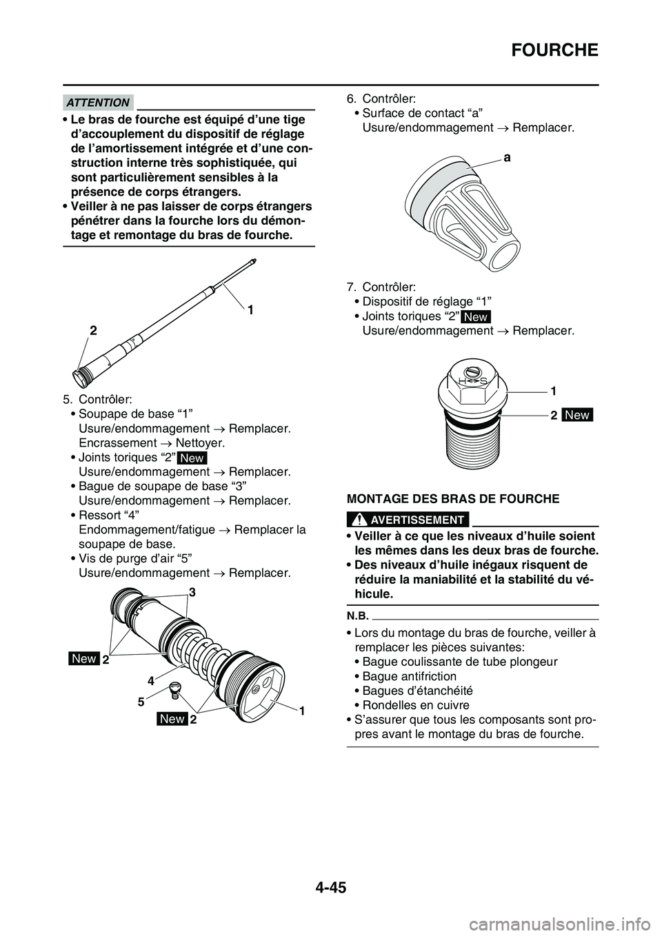 YAMAHA YZ450F 2014  Notices Demploi (in French) FOURCHE
4-45
ATTENTION
• Le bras de fourche est équipé d’une tige 
d’accouplement du dispositif de réglage 
de l’amortissement intégrée et d’une con-
struction interne très sophistiqu