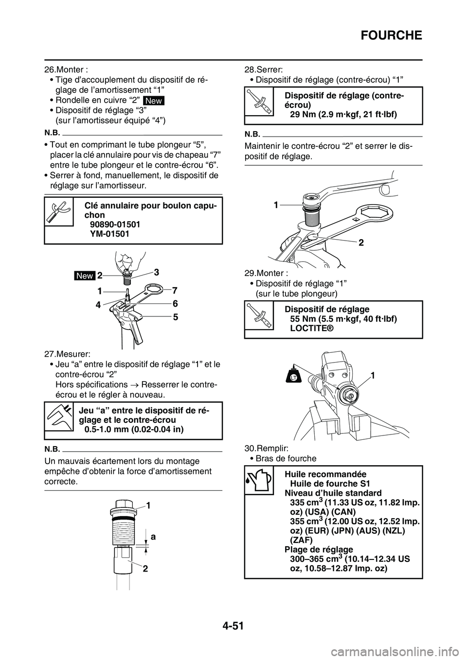YAMAHA YZ450F 2014  Notices Demploi (in French) FOURCHE
4-51
26.Monter :
• Tige d’accouplement du dispositif de ré-
glage de l’amortissement “1”
• Rondelle en cuivre “2” 
• Dispositif de réglage “3”
(sur l’amortisseur équ