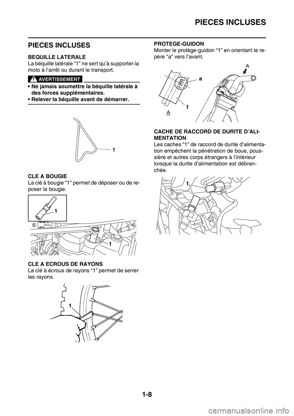 YAMAHA YZ450F 2014  Notices Demploi (in French) PIECES INCLUSES
1-8
FAS1SL1016
PIECES INCLUSES
FAS1SL1017BEQUILLE LATERALE
La béquille latérale “1” ne sert qu’à supporter la 
moto à l’arrêt ou durant le transport.
EWA@
AVERTISSEMENT
