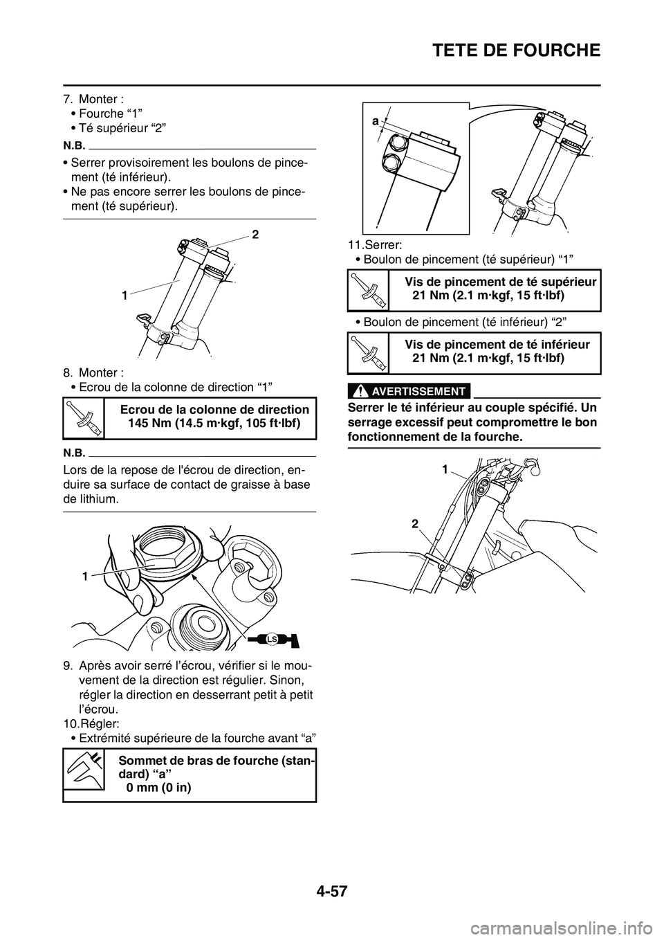 YAMAHA YZ450F 2014  Notices Demploi (in French) TETE DE FOURCHE
4-57
7. Monter :
• Fourche “1”
• Té supérieur “2”
N.B.
• Serrer provisoirement les boulons de pince-
ment (té inférieur).
• Ne pas encore serrer les boulons de pinc
