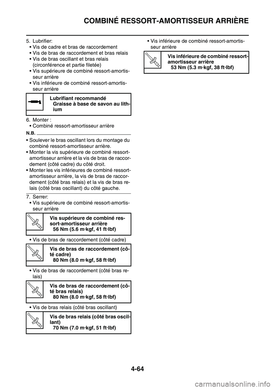 YAMAHA YZ450F 2014  Notices Demploi (in French) COMBINÉ RESSORT-AMORTISSEUR ARRIÈRE
4-64
5. Lubrifier:
• Vis de cadre et bras de raccordement
• Vis de bras de raccordement et bras relais
• Vis de bras oscillant et bras relais
(circonférenc