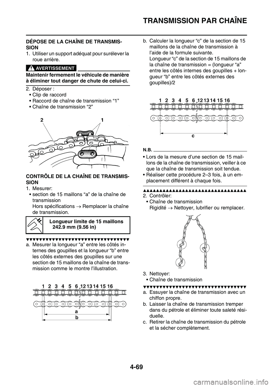 YAMAHA YZ450F 2014 Notices Demploi (in French) TRANSMISSION PAR CHAÎNE
4-69
FAS1SL1190DÉPOSE DE LA CHAÎNE DE TRANSMIS-
SION
1. Utiliser un support adéquat pour surélever la
roue arrière.
EWA13120
AVERTISSEMENT
Maintenir fermement le véhicu YAMAHA YZ450F 2014 Notices Demploi (in French) TRANSMISSION PAR CHAÎNE
4-69
FAS1SL1190DÉPOSE DE LA CHAÎNE DE TRANSMIS-
SION
1. Utiliser un support adéquat pour surélever la
roue arrière.
EWA13120
AVERTISSEMENT
Maintenir fermement le véhicu