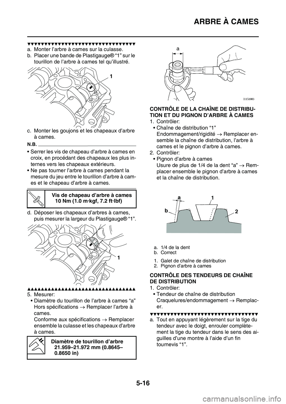 YAMAHA YZ450F 2014  Notices Demploi (in French) ARBRE À CAMES
5-16
▼▼▼▼▼▼▼▼▼▼▼▼▼▼▼▼▼▼▼▼▼▼▼▼▼▼▼▼▼▼▼▼
a. Monter l’arbre à cames sur la culasse.
b. Placer une bande de Plastigauge® 