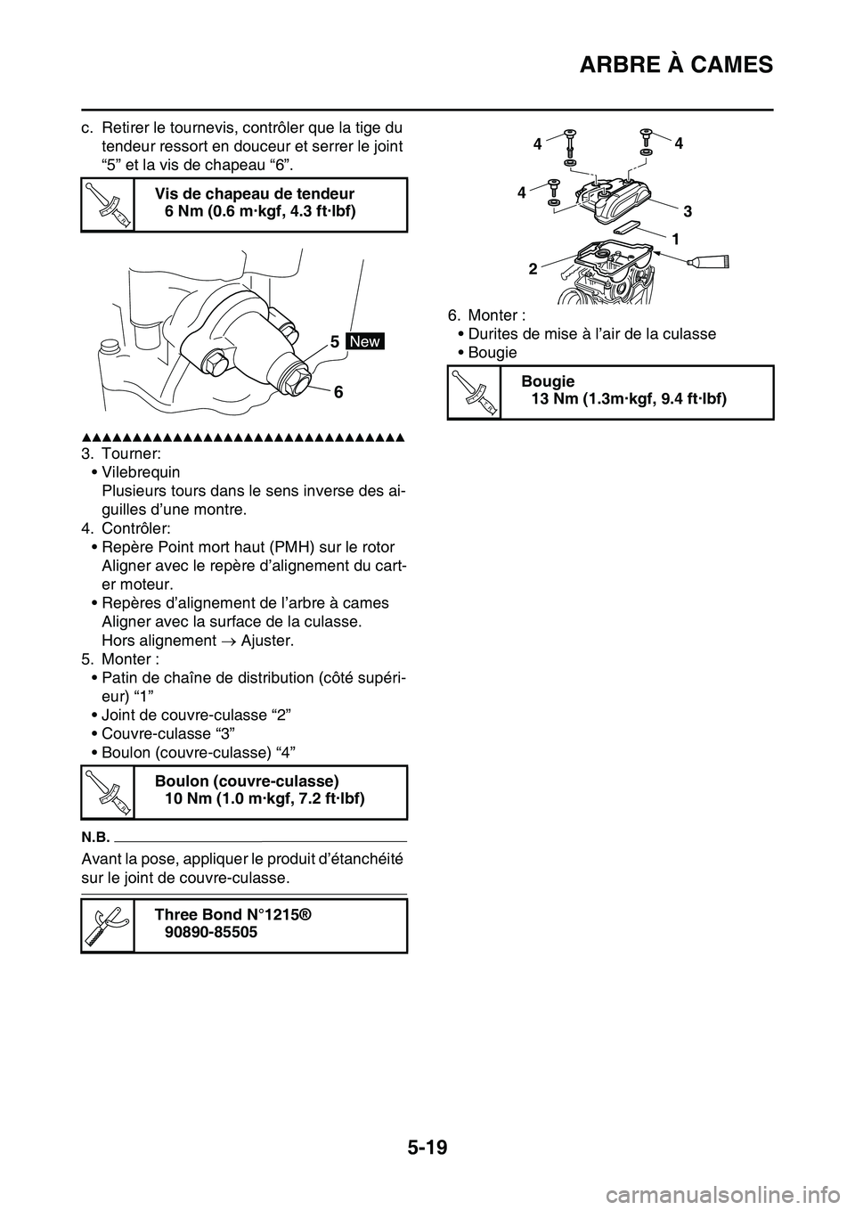 YAMAHA YZ450F 2014  Notices Demploi (in French) ARBRE À CAMES
5-19
c. Retirer le tournevis, contrôler que la tige du 
tendeur ressort en douceur et serrer le joint 
“5” et la vis de chapeau “6”.
▲▲▲▲▲▲▲▲▲▲▲▲▲▲