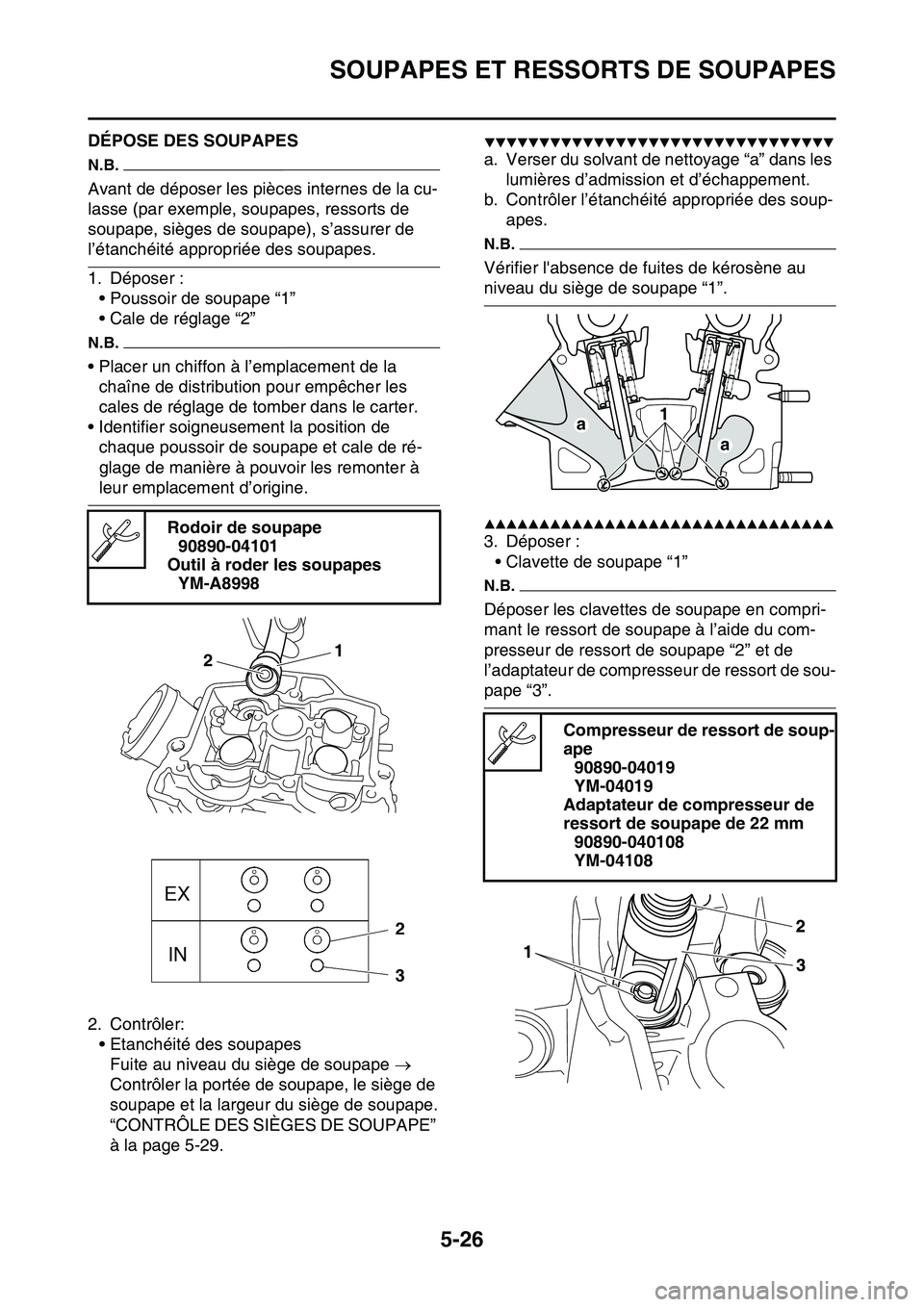 YAMAHA YZ450F 2014  Notices Demploi (in French) SOUPAPES ET RESSORTS DE SOUPAPES
5-26
FAS1SL1220DÉPOSE DES SOUPAPES
N.B.
Avant de déposer les pièces internes de la cu-
lasse (par exemple, soupapes, ressorts de 
soupape, sièges de soupape), s’