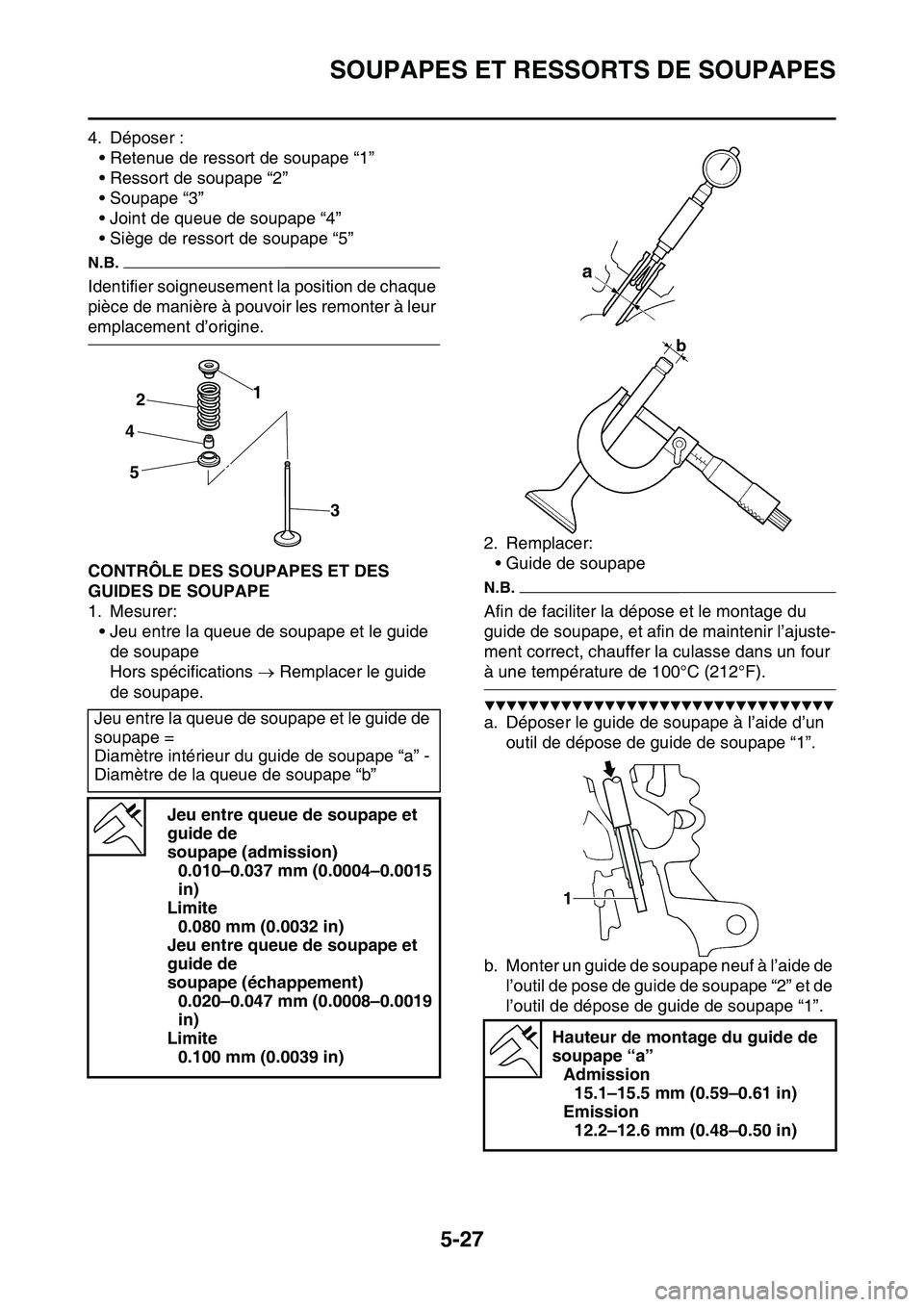 YAMAHA YZ450F 2014  Notices Demploi (in French) SOUPAPES ET RESSORTS DE SOUPAPES
5-27
4. Déposer :
• Retenue de ressort de soupape “1”
• Ressort de soupape “2”
• Soupape “3”
• Joint de queue de soupape “4”
• Siège de res
