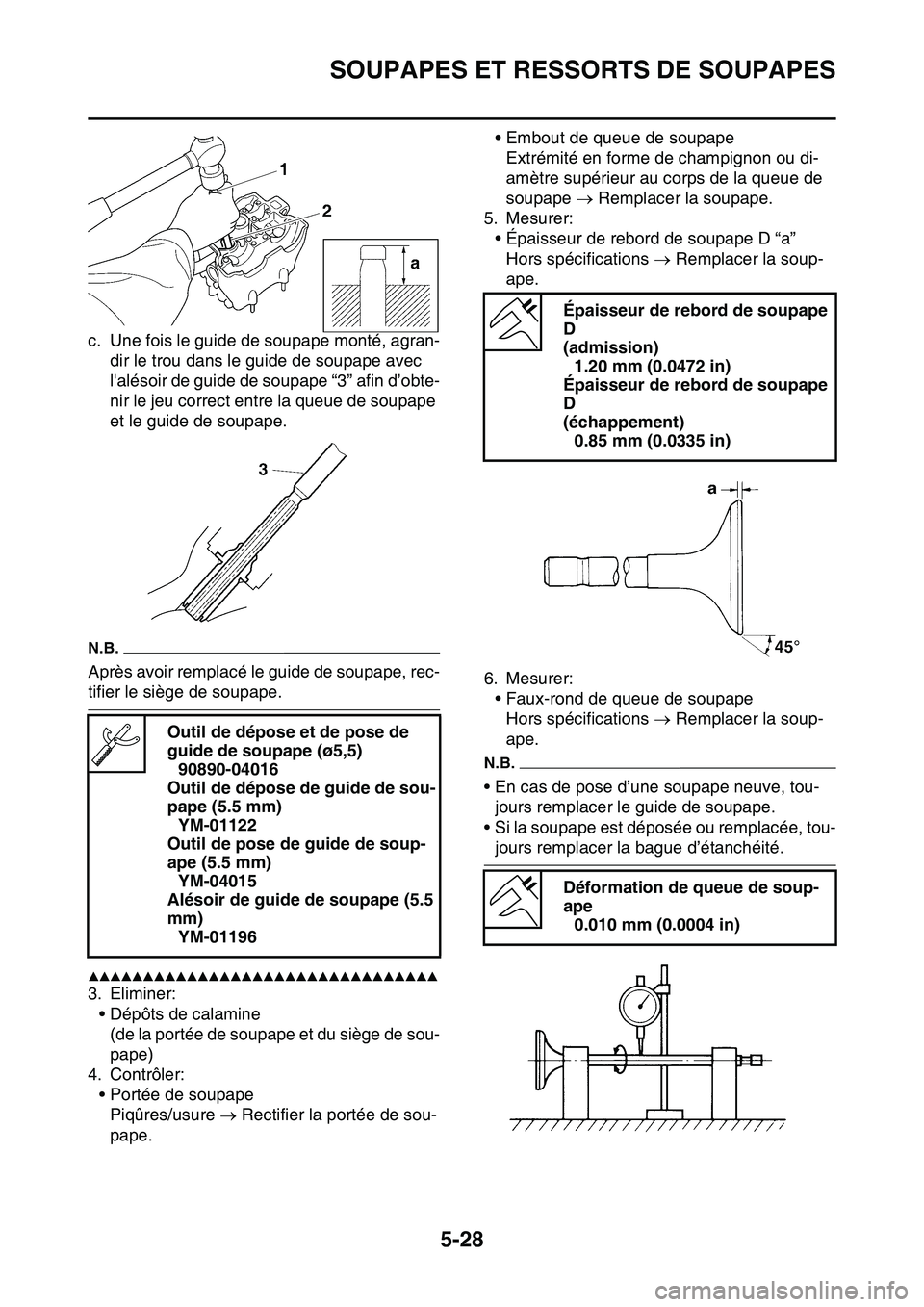 YAMAHA YZ450F 2014  Notices Demploi (in French) SOUPAPES ET RESSORTS DE SOUPAPES
5-28
c. Une fois le guide de soupape monté, agran-
dir le trou dans le guide de soupape avec 
lalésoir de guide de soupape “3” afin d’obte-
nir le jeu correct