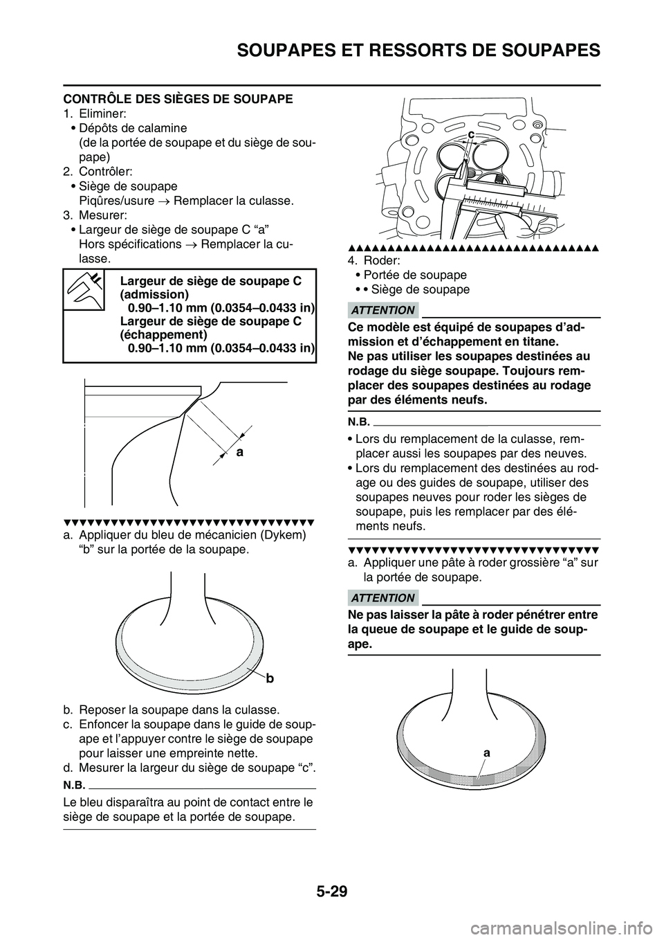 YAMAHA YZ450F 2014  Notices Demploi (in French) SOUPAPES ET RESSORTS DE SOUPAPES
5-29
CONTRÔLE DES SIÈGES DE SOUPAPE
1. Eliminer:
• Dépôts de calamine
(de la portée de soupape et du siège de sou-
pape)
2. Contrôler:
• Siège de soupape
P