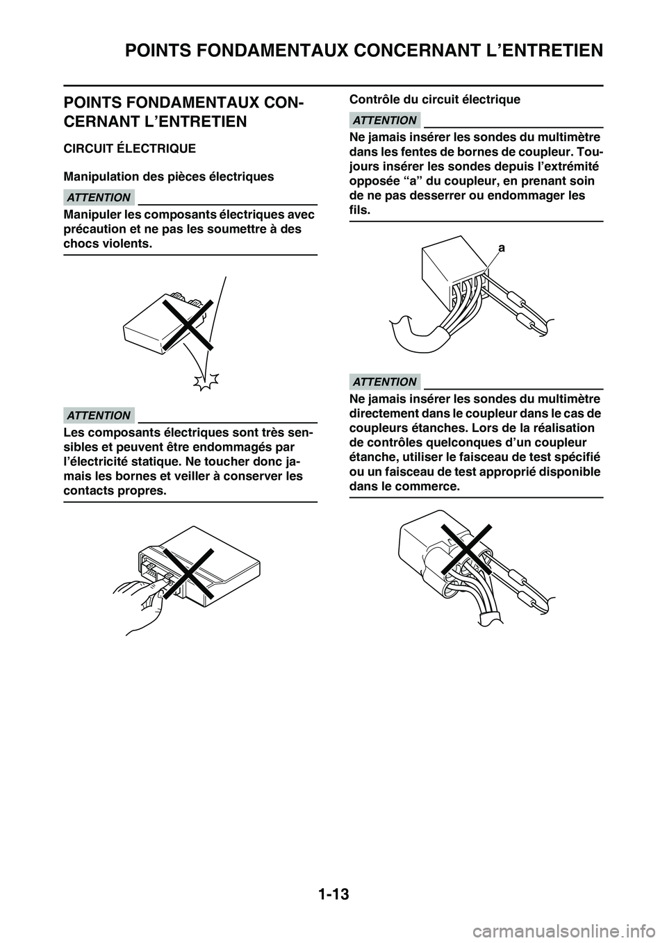 YAMAHA YZ450F 2014  Notices Demploi (in French) POINTS FONDAMENTAUX CONCERNANT L’ENTRETIEN
1-13
FAS1SL1029
POINTS FONDAMENTAUX CON-
CERNANT L’ENTRETIEN
FAS1SL1030CIRCUIT ÉLECTRIQUE
Manipulation des pièces électriques
FCA16620
ATTENTION
Manip