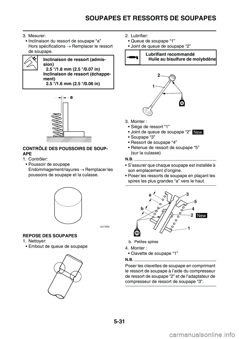 YAMAHA YZ450F 2014  Notices Demploi (in French) SOUPAPES ET RESSORTS DE SOUPAPES
5-31
3. Mesurer:
• Inclinaison du ressort de soupape “a”
Hors spécifications  Remplacer le ressort 
de soupape.
FAS1SL1224CONTRÔLE DES POUSSOIRS DE SOUP-
AP
