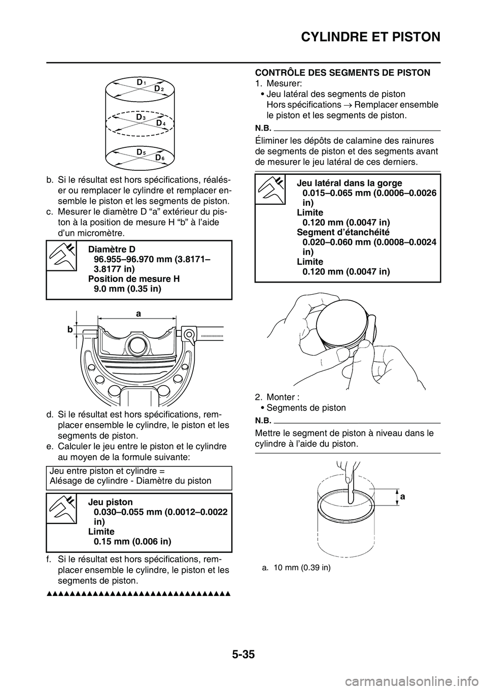YAMAHA YZ450F 2014  Notices Demploi (in French) CYLINDRE ET PISTON
5-35
b. Si le résultat est hors spécifications, réalés-
er ou remplacer le cylindre et remplacer en-
semble le piston et les segments de piston.
c. Mesurer le diamètre D “a