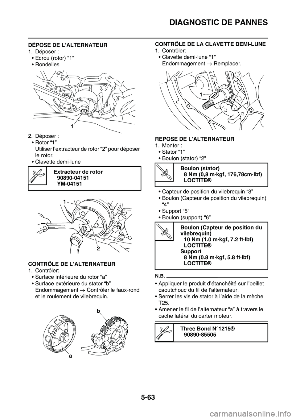 YAMAHA YZ450F 2014 Notices Demploi (in French) DIAGNOSTIC DE PANNES
5-63
FAS1SL1273DÉPOSE DE L’ALTERNATEUR
1. Déposer :
• Ecrou (rotor) “1”
• Rondelles
2. Déposer :
• Rotor “1”
Utiliser l’extracteur de rotor “2” pour dépo YAMAHA YZ450F 2014 Notices Demploi (in French) DIAGNOSTIC DE PANNES
5-63
FAS1SL1273DÉPOSE DE L’ALTERNATEUR
1. Déposer :
• Ecrou (rotor) “1”
• Rondelles
2. Déposer :
• Rotor “1”
Utiliser l’extracteur de rotor “2” pour dépo