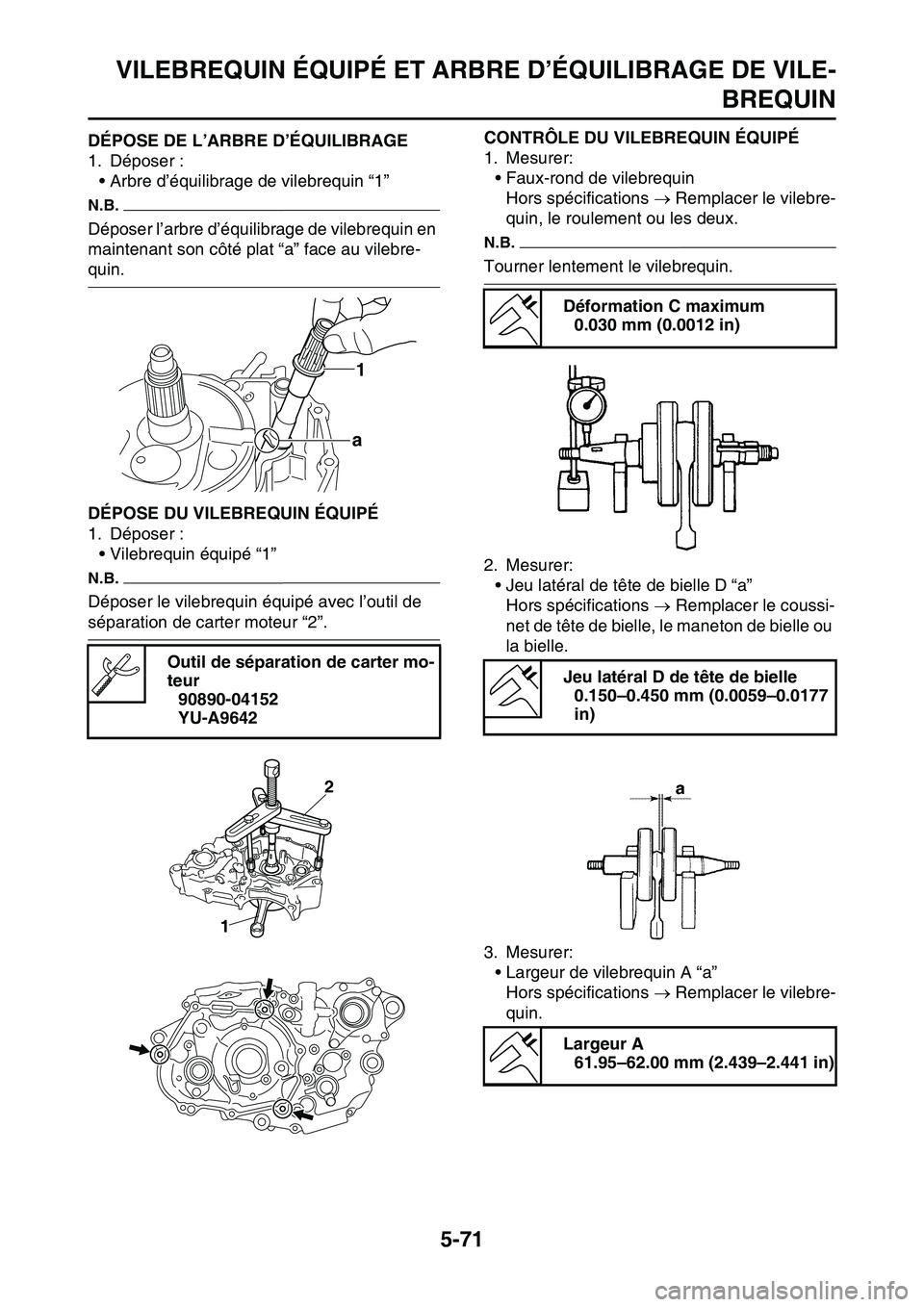 YAMAHA YZ450F 2014 Notices Demploi (in French) VILEBREQUIN ÉQUIPÉ ET ARBRE D’ÉQUILIBRAGE DE VILE-
BREQUIN
5-71
FAS1SL1284DÉPOSE DE L’ARBRE D’ÉQUILIBRAGE
1. Déposer :
• Arbre d’équilibrage de vilebrequin “1”
N.B.
Déposer l’a YAMAHA YZ450F 2014 Notices Demploi (in French) VILEBREQUIN ÉQUIPÉ ET ARBRE D’ÉQUILIBRAGE DE VILE-
BREQUIN
5-71
FAS1SL1284DÉPOSE DE L’ARBRE D’ÉQUILIBRAGE
1. Déposer :
• Arbre d’équilibrage de vilebrequin “1”
N.B.
Déposer l’a