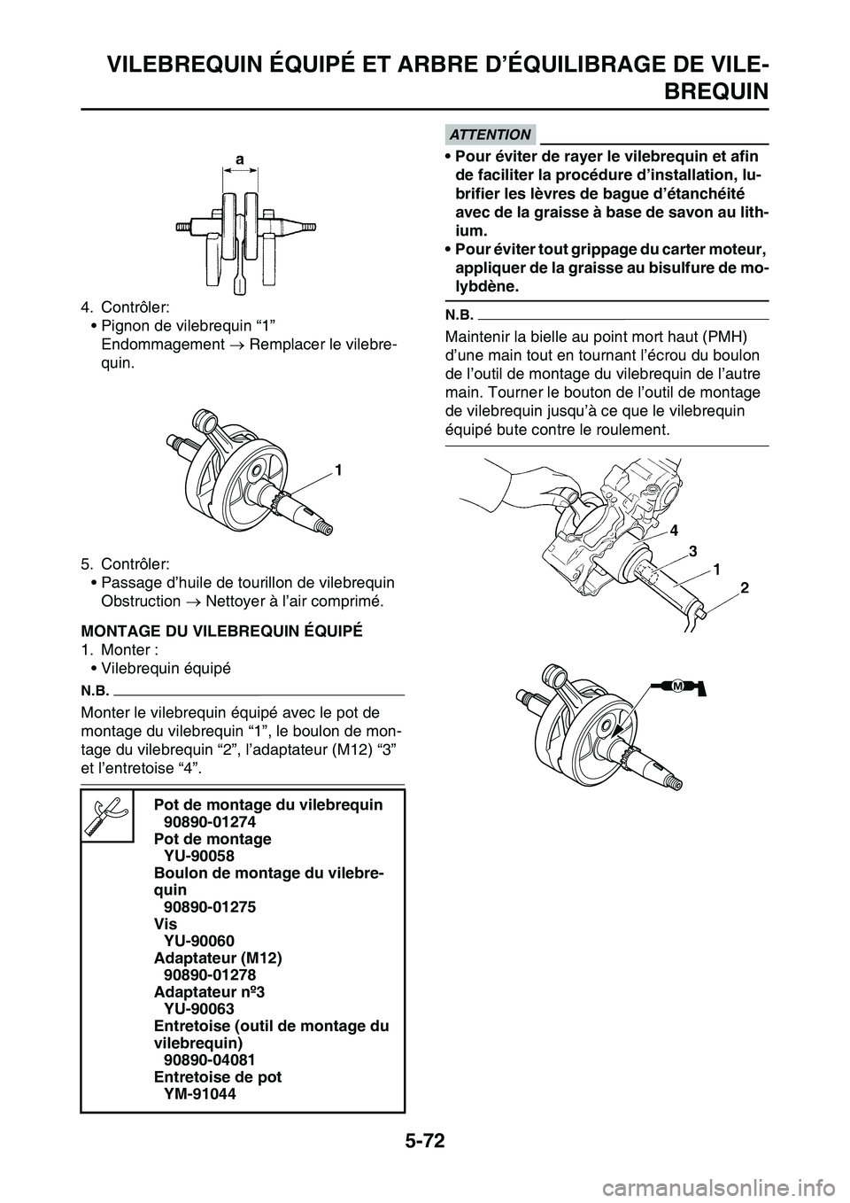 YAMAHA YZ450F 2014 Notices Demploi (in French) VILEBREQUIN ÉQUIPÉ ET ARBRE D’ÉQUILIBRAGE DE VILE-
BREQUIN
5-72
4. Contrôler:
• Pignon de vilebrequin “1”
Endommagement Remplacer le vilebre-
quin.
5. Contrôler:
• Passage d’huile YAMAHA YZ450F 2014 Notices Demploi (in French) VILEBREQUIN ÉQUIPÉ ET ARBRE D’ÉQUILIBRAGE DE VILE-
BREQUIN
5-72
4. Contrôler:
• Pignon de vilebrequin “1”
Endommagement Remplacer le vilebre-
quin.
5. Contrôler:
• Passage d’huile