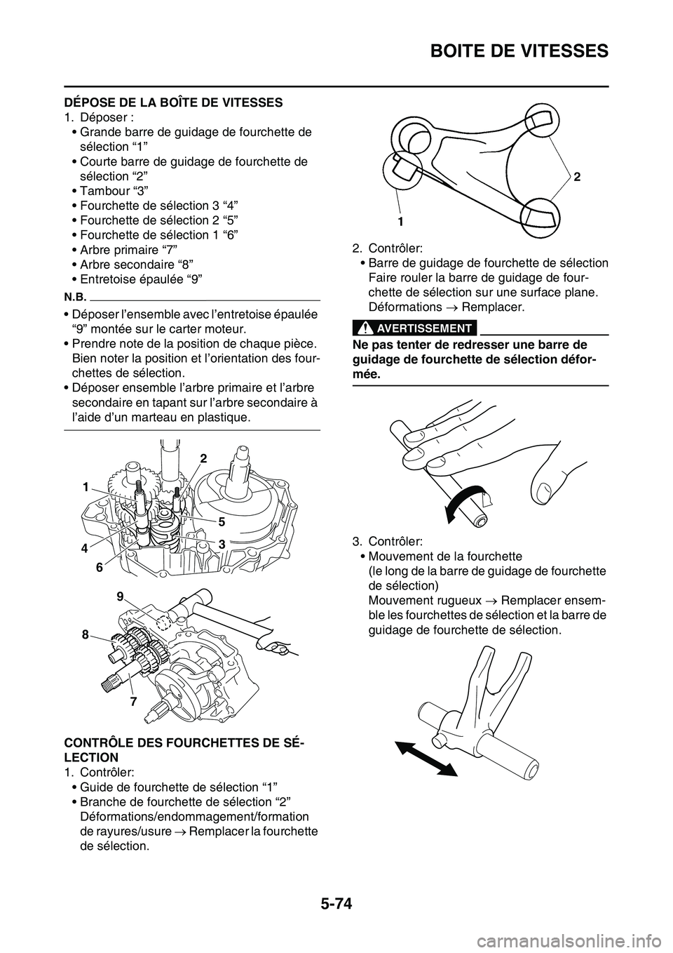 YAMAHA YZ450F 2014 Notices Demploi (in French) BOITE DE VITESSES
5-74
FAS1SL1289DÉPOSE DE LA BOÎTE DE VITESSES
1. Déposer :
• Grande barre de guidage de fourchette de
sélection “1”
• Courte barre de guidage de fourchette de
sélectio YAMAHA YZ450F 2014 Notices Demploi (in French) BOITE DE VITESSES
5-74
FAS1SL1289DÉPOSE DE LA BOÎTE DE VITESSES
1. Déposer :
• Grande barre de guidage de fourchette de
sélection “1”
• Courte barre de guidage de fourchette de
sélectio