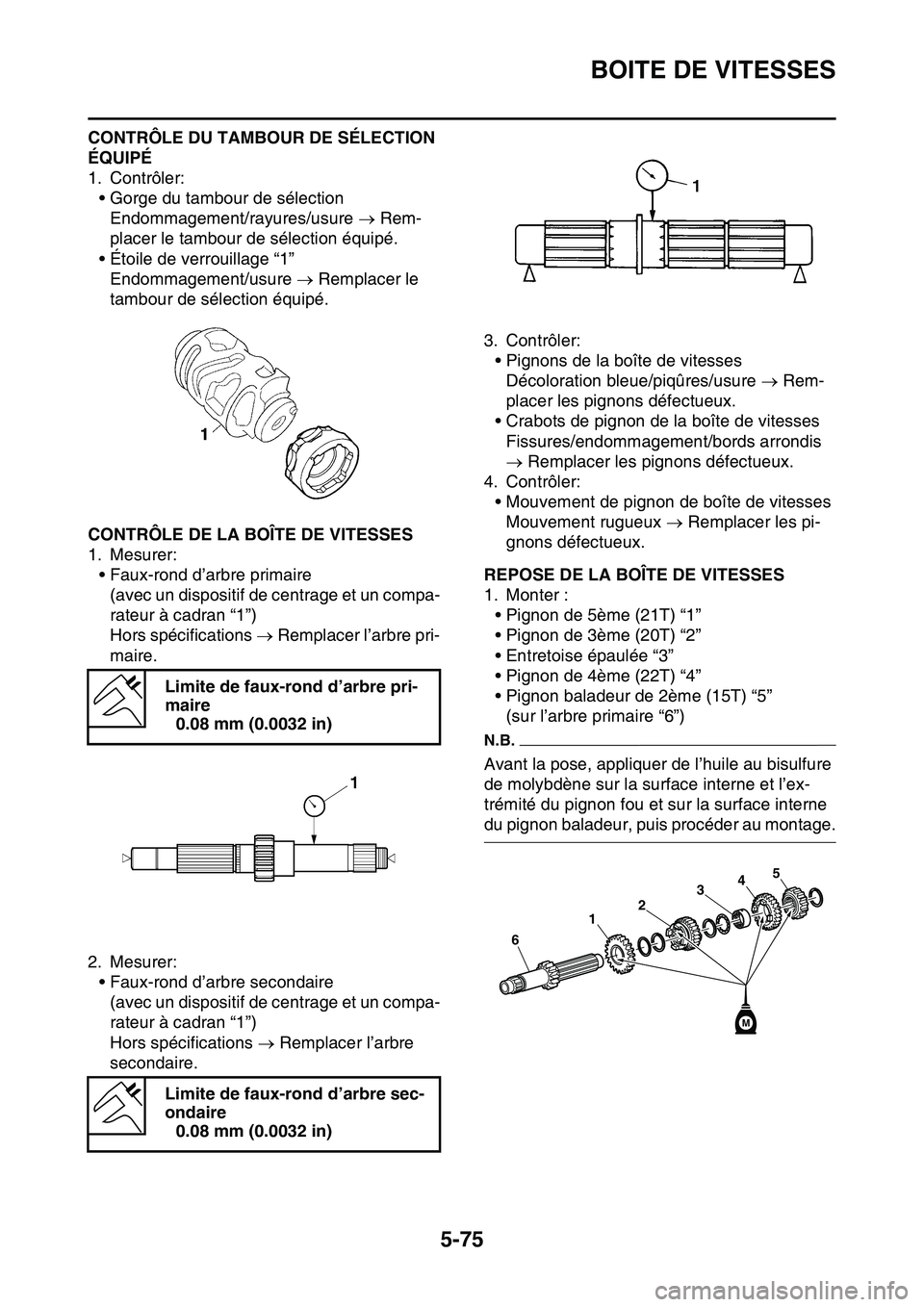 YAMAHA YZ450F 2014 Notices Demploi (in French) BOITE DE VITESSES
5-75
CONTRÔLE DU TAMBOUR DE SÉLECTION
ÉQUIPÉ
1. Contrôler:
• Gorge du tambour de sélection
Endommagement/rayures/usure Rem-
placer le tambour de sélection équipé.
• YAMAHA YZ450F 2014 Notices Demploi (in French) BOITE DE VITESSES
5-75
CONTRÔLE DU TAMBOUR DE SÉLECTION
ÉQUIPÉ
1. Contrôler:
• Gorge du tambour de sélection
Endommagement/rayures/usure Rem-
placer le tambour de sélection équipé.
•