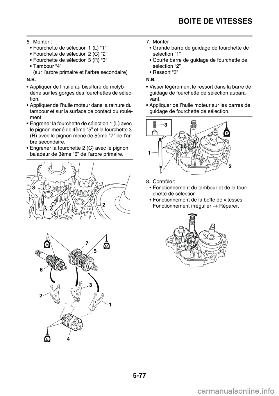 YAMAHA YZ450F 2014 Notices Demploi (in French) BOITE DE VITESSES
5-77
6. Monter :
• Fourchette de sélection 1 (L) “1”
• Fourchette de sélection 2 (C) “2”
• Fourchette de sélection 3 (R) “3”
• Tambour “4”
(sur l’arbre p YAMAHA YZ450F 2014 Notices Demploi (in French) BOITE DE VITESSES
5-77
6. Monter :
• Fourchette de sélection 1 (L) “1”
• Fourchette de sélection 2 (C) “2”
• Fourchette de sélection 3 (R) “3”
• Tambour “4”
(sur l’arbre p