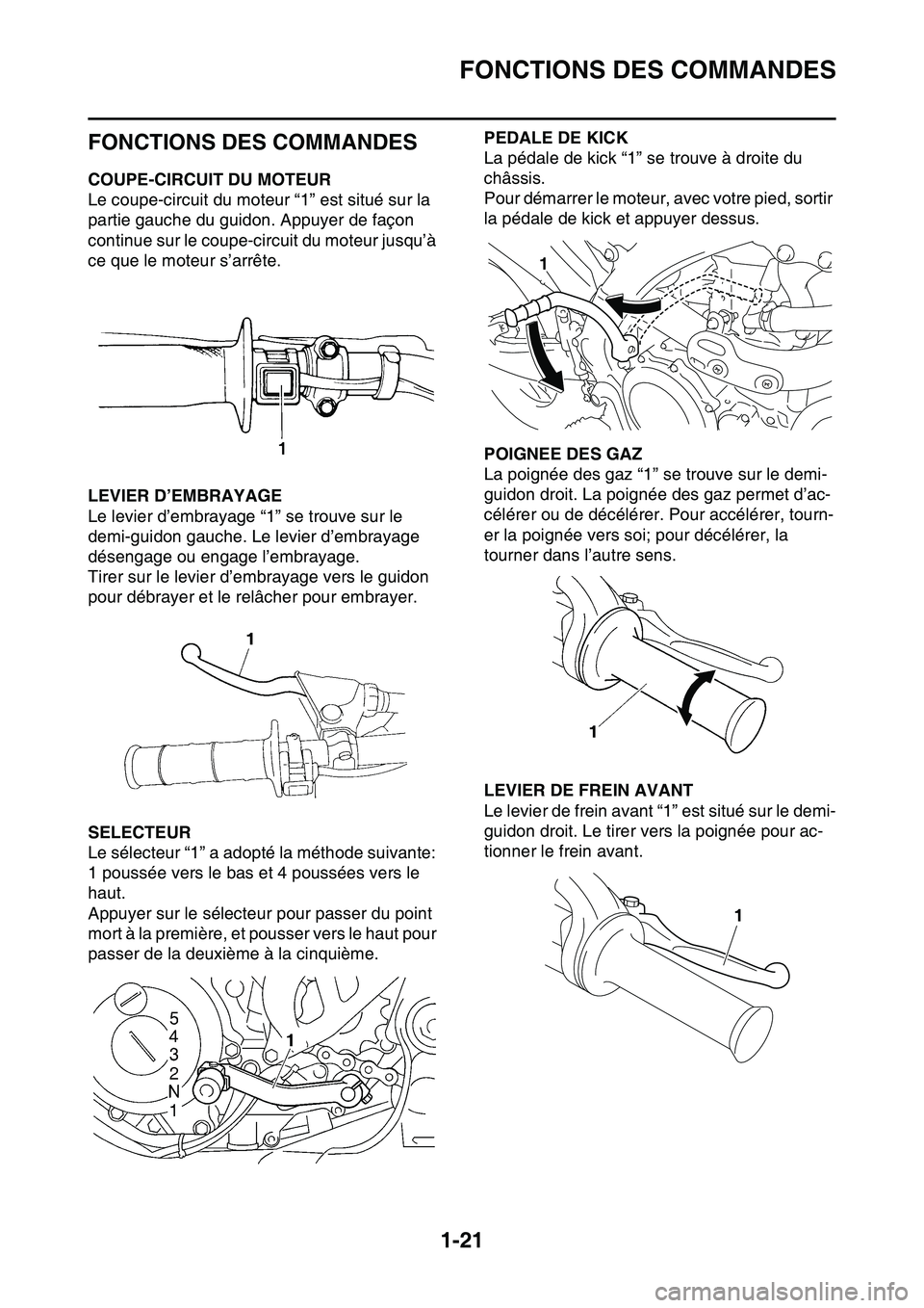 YAMAHA YZ450F 2014  Notices Demploi (in French) FONCTIONS DES COMMANDES
1-21
FAS1SL1032
FONCTIONS DES COMMANDES
FAS1SL1033COUPE-CIRCUIT DU MOTEUR
Le coupe-circuit du moteur “1” est situé sur la 
partie gauche du guidon. Appuyer de façon 
cont