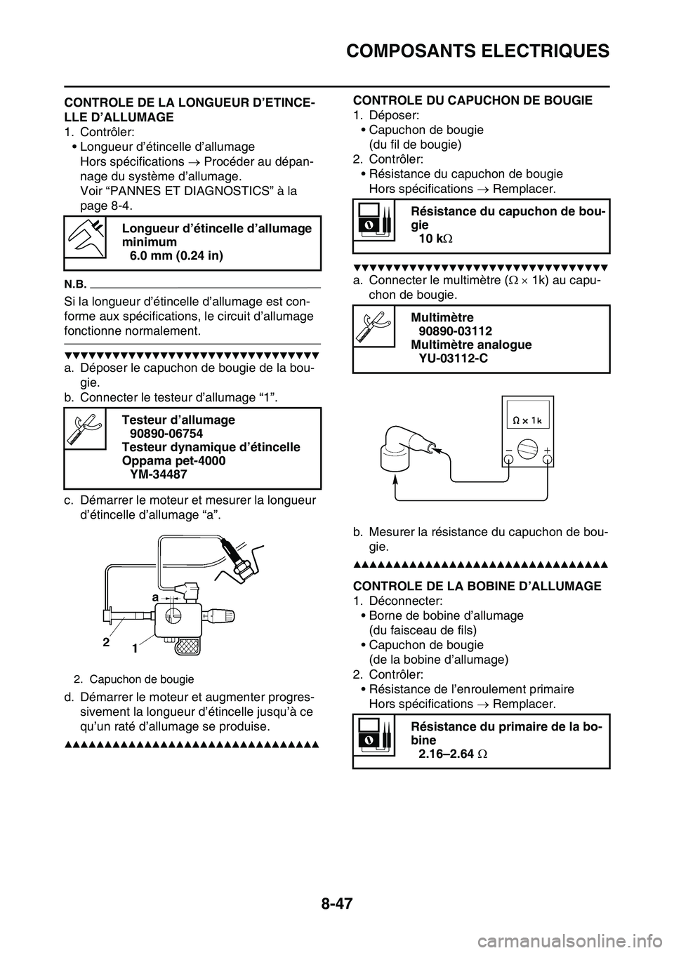 YAMAHA YZ450F 2014 Notices Demploi (in French) COMPOSANTS ELECTRIQUES
8-47
FAS1SL1335CONTROLE DE LA LONGUEUR D’ETINCE-
LLE D’ALLUMAGE
1. Contrôler:
• Longueur d’étincelle d’allumage
Hors spécifications Procéder au dépan-
nage du YAMAHA YZ450F 2014 Notices Demploi (in French) COMPOSANTS ELECTRIQUES
8-47
FAS1SL1335CONTROLE DE LA LONGUEUR D’ETINCE-
LLE D’ALLUMAGE
1. Contrôler:
• Longueur d’étincelle d’allumage
Hors spécifications Procéder au dépan-
nage du