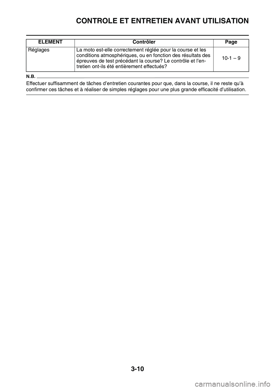 YAMAHA YZ450F 2014  Notices Demploi (in French) CONTROLE ET ENTRETIEN AVANT UTILISATION
3-10
N.B.
Effectuer suffisamment de tâches d’entretien courantes pour que, dans la course, il ne reste qu’à 
confirmer ces tâches et à réaliser de simp