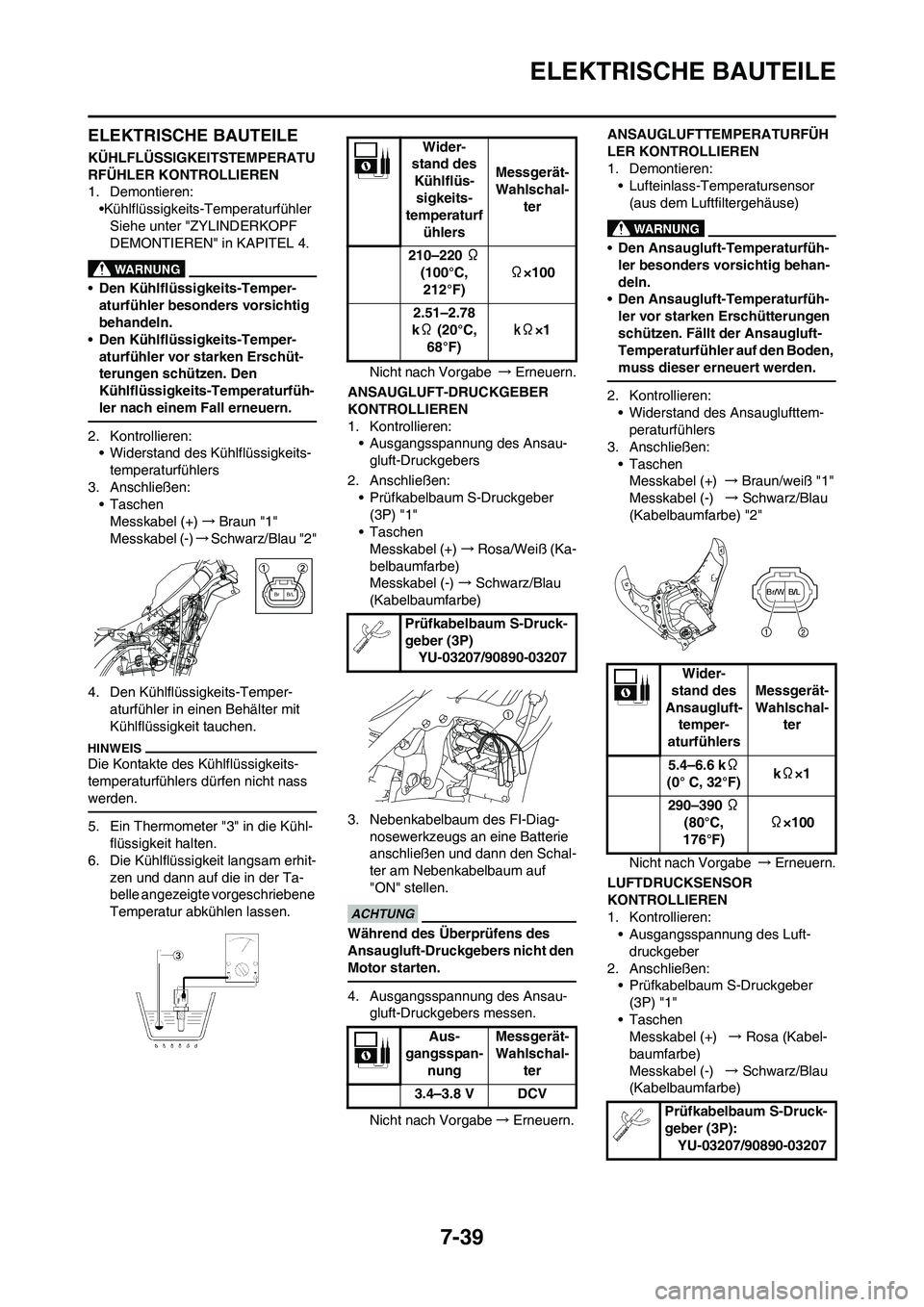 YAMAHA YZ450F 2013 Betriebsanleitungen (in German) 7-39
ELEKTRISCHE BAUTEILE
ELEKTRISCHE BAUTEILE
KÜHLFLÜSSIGKEITSTEMPERATU
RFÜHLER KONTROLLIEREN
1. Demontieren:
•Kühlflüssigkeits-Temperaturfühler
Siehe unter "ZYLINDERKOPF
DEMONTIEREN" in KAP YAMAHA YZ450F 2013 Betriebsanleitungen (in German) 7-39
ELEKTRISCHE BAUTEILE
ELEKTRISCHE BAUTEILE
KÜHLFLÜSSIGKEITSTEMPERATU
RFÜHLER KONTROLLIEREN
1. Demontieren:
•Kühlflüssigkeits-Temperaturfühler
Siehe unter "ZYLINDERKOPF
DEMONTIEREN" in KAP