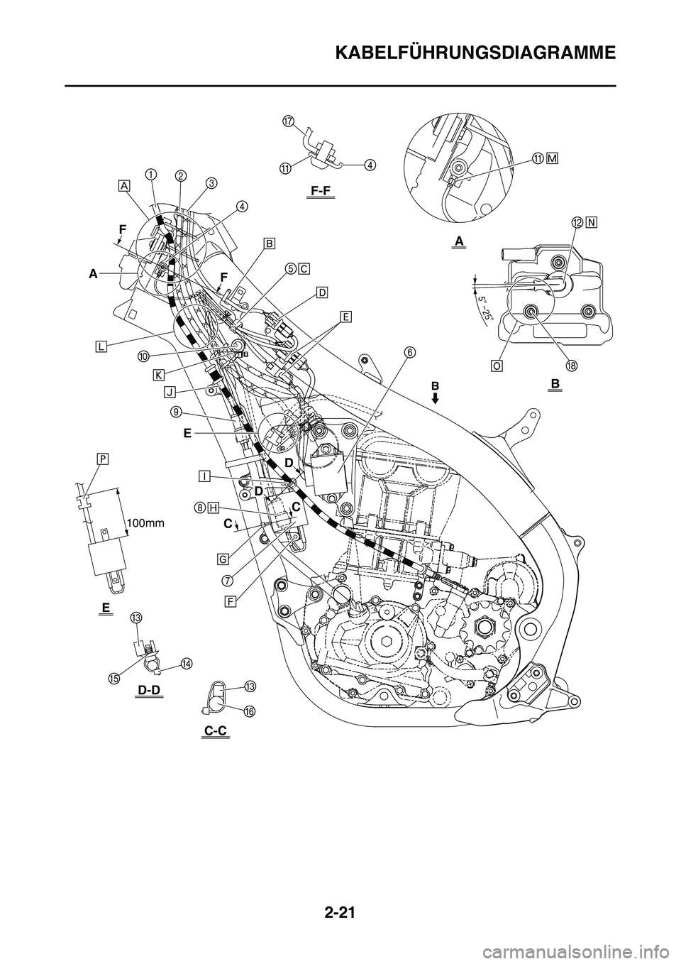 YAMAHA YZ450F 2013  Betriebsanleitungen (in German) 2-21
KABELFÜHRUNGSDIAGRAMME
F-F
A
B
D-D
C-C
E
F
F
CC
DD
B
A
E
100mm 