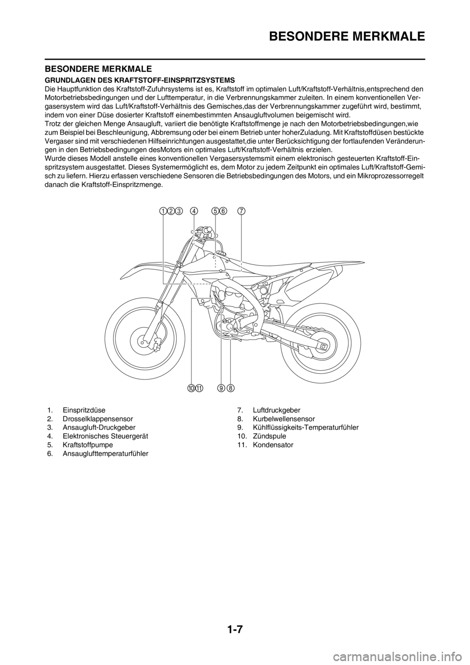YAMAHA YZ450F 2012 Betriebsanleitungen (in German) 1-7
BESONDERE MERKMALE
BESONDERE MERKMALE
GRUNDLAGEN DES KRAFTSTOFF-EINSPRITZSYSTEMS
Die Hauptfunktion des Kraftstoff-Zufuhrsystems ist es, Kraftstoff im optimalen Luft/Kraftstoff-Verhältnis,entsprec YAMAHA YZ450F 2012 Betriebsanleitungen (in German) 1-7
BESONDERE MERKMALE
BESONDERE MERKMALE
GRUNDLAGEN DES KRAFTSTOFF-EINSPRITZSYSTEMS
Die Hauptfunktion des Kraftstoff-Zufuhrsystems ist es, Kraftstoff im optimalen Luft/Kraftstoff-Verhältnis,entsprec