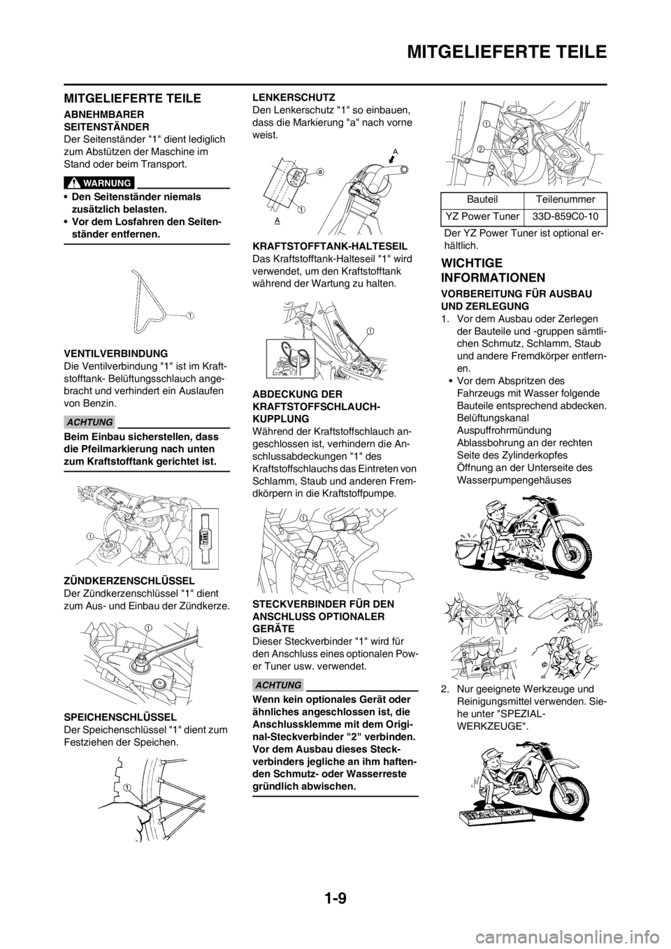 YAMAHA YZ450F 2012 Betriebsanleitungen (in German) 1-9
MITGELIEFERTE TEILE
MITGELIEFERTE TEILE
ABNEHMBARER
SEITENSTÄNDER
Der Seitenständer "1" dient lediglich
zum Abstützen der Maschine im
Stand oder beim Transport.
• Den Seitenständer niemal YAMAHA YZ450F 2012 Betriebsanleitungen (in German) 1-9
MITGELIEFERTE TEILE
MITGELIEFERTE TEILE
ABNEHMBARER
SEITENSTÄNDER
Der Seitenständer "1" dient lediglich
zum Abstützen der Maschine im
Stand oder beim Transport.
• Den Seitenständer niemal