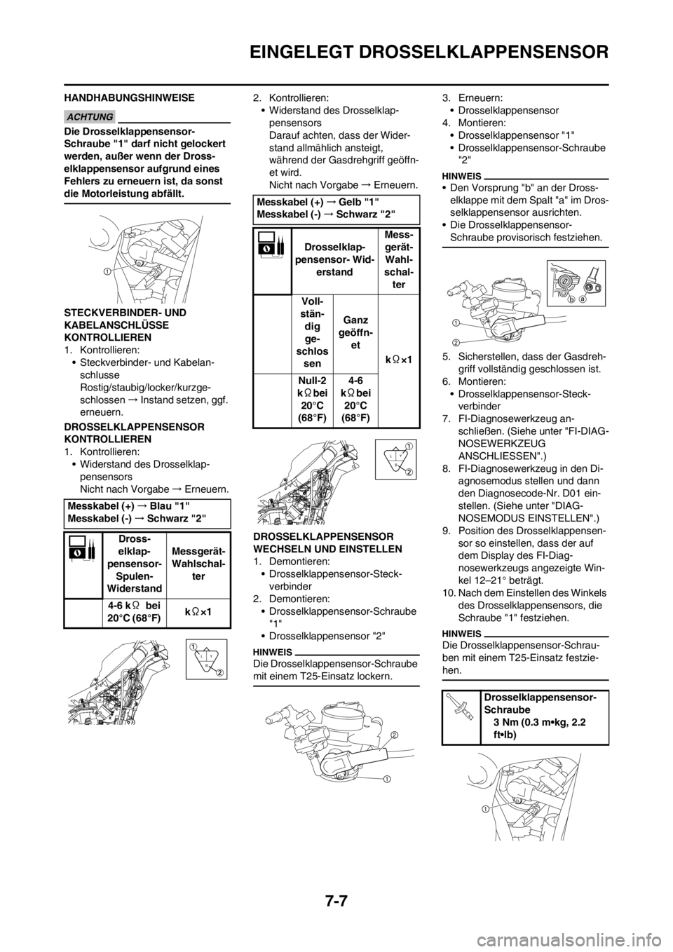 YAMAHA YZ450F 2012  Betriebsanleitungen (in German) 7-7
EINGELEGT DROSSELKLAPPENSENSOR
HANDHABUNGSHINWEISE
Die Drosselklappensensor-
Schraube "1" darf nicht gelockert 
werden, außer wenn der Dross-
elklappensensor aufgrund eines 
Fehlers zu erneuern i