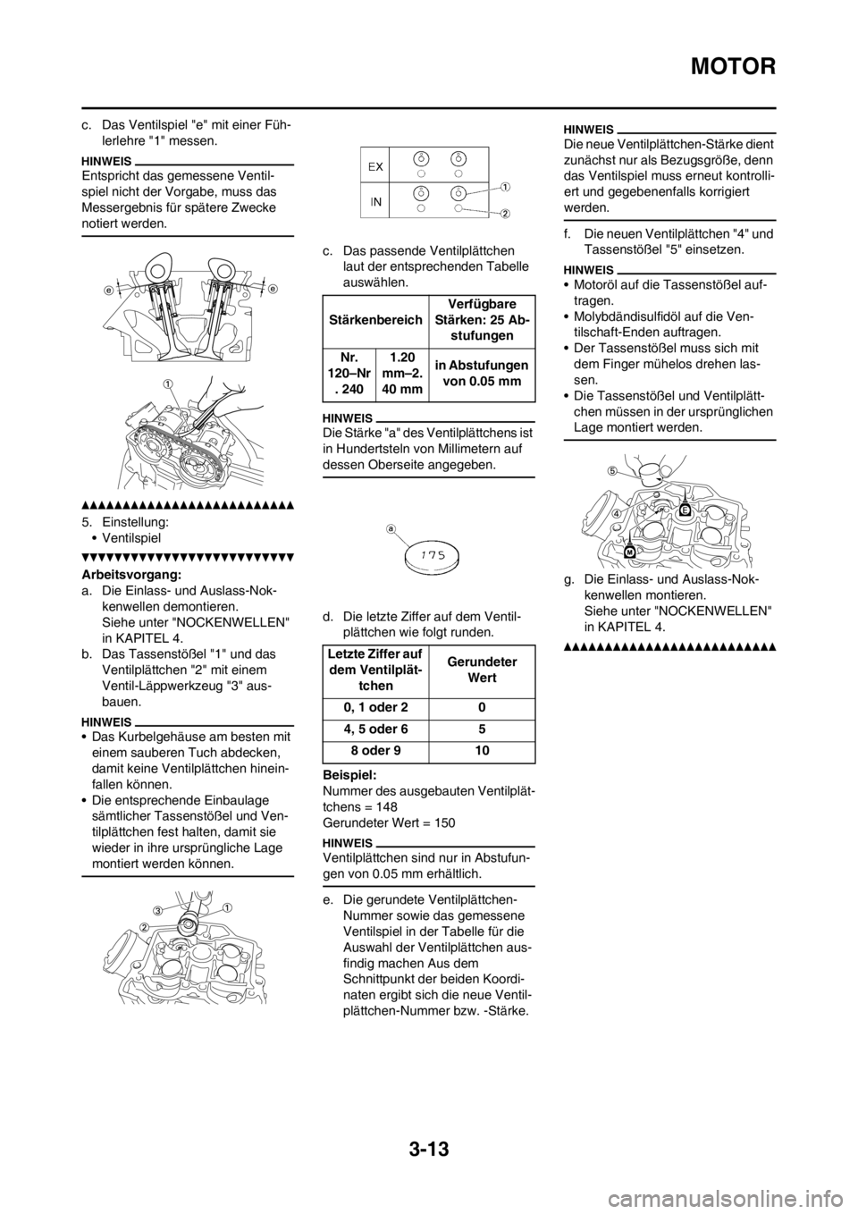 YAMAHA YZ450F 2012 Betriebsanleitungen (in German) 3-13
MOTOR
c. Das Ventilspiel "e" mit einer Füh-
lerlehre "1" messen.
Entspricht das gemessene Ventil-
spiel nicht der Vorgabe, muss das
Messergebnis für spätere Zwecke
notiert werden.
5. Einstel YAMAHA YZ450F 2012 Betriebsanleitungen (in German) 3-13
MOTOR
c. Das Ventilspiel "e" mit einer Füh-
lerlehre "1" messen.
Entspricht das gemessene Ventil-
spiel nicht der Vorgabe, muss das
Messergebnis für spätere Zwecke
notiert werden.
5. Einstel