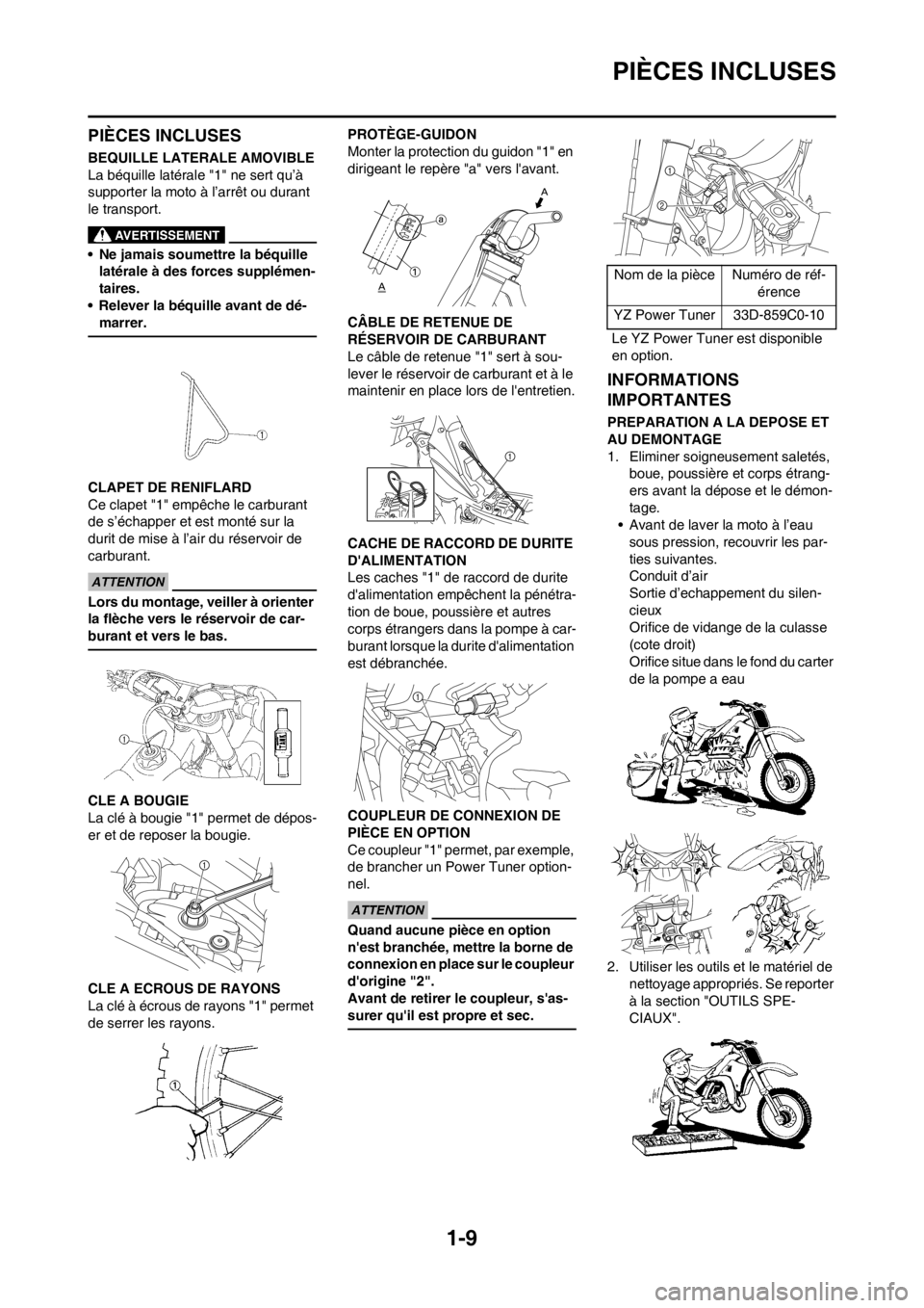 YAMAHA YZ450F 2012  Notices Demploi (in French) 1-9
PIÈCES INCLUSES
PIÈCES INCLUSES
BEQUILLE LATERALE AMOVIBLE
La béquille latérale "1" ne sert qu’à 
supporter la moto à l’arrêt ou durant 
le transport.
• Ne jamais soumettre la béquil