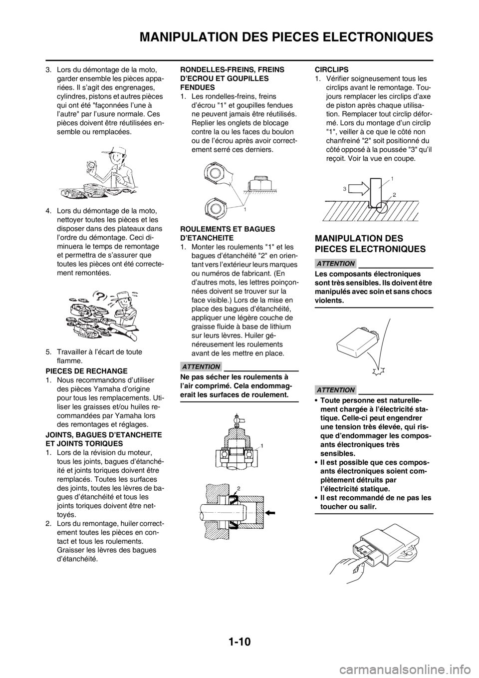 YAMAHA YZ450F 2012  Notices Demploi (in French) 1-10
MANIPULATION DES PIECES ELECTRONIQUES
3. Lors du démontage de la moto, 
garder ensemble les pièces appa-
riées. Il s’agit des engrenages, 
cylindres, pistons et autres pièces 
qui ont été