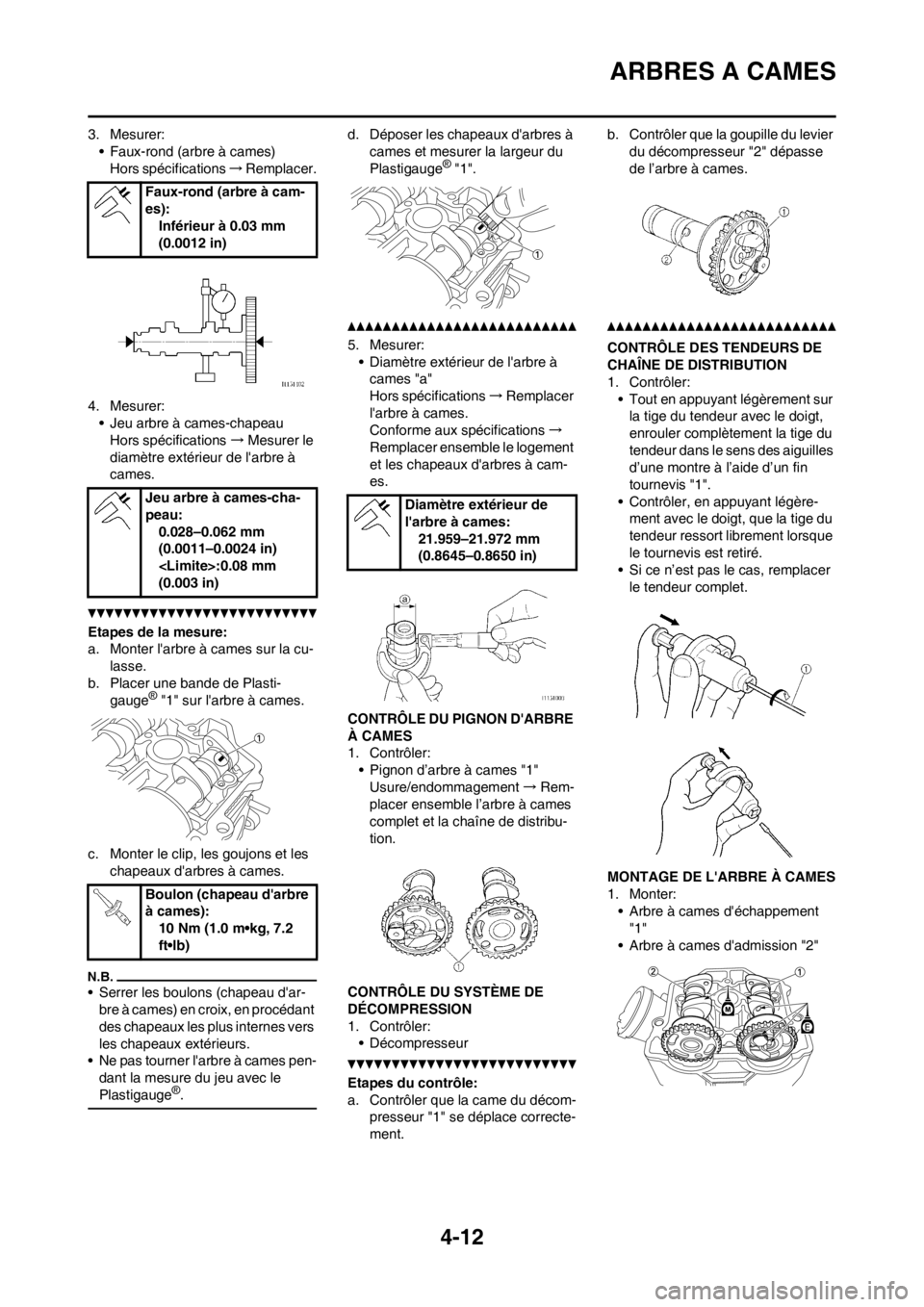 YAMAHA YZ450F 2012  Notices Demploi (in French) 4-12
ARBRES A CAMES
3. Mesurer:
• Faux-rond (arbre à cames)
Hors spécifications→Remplacer.
4. Mesurer:
• Jeu arbre à cames-chapeau
Hors spécifications→Mesurer le 
diamètre extérieur de l