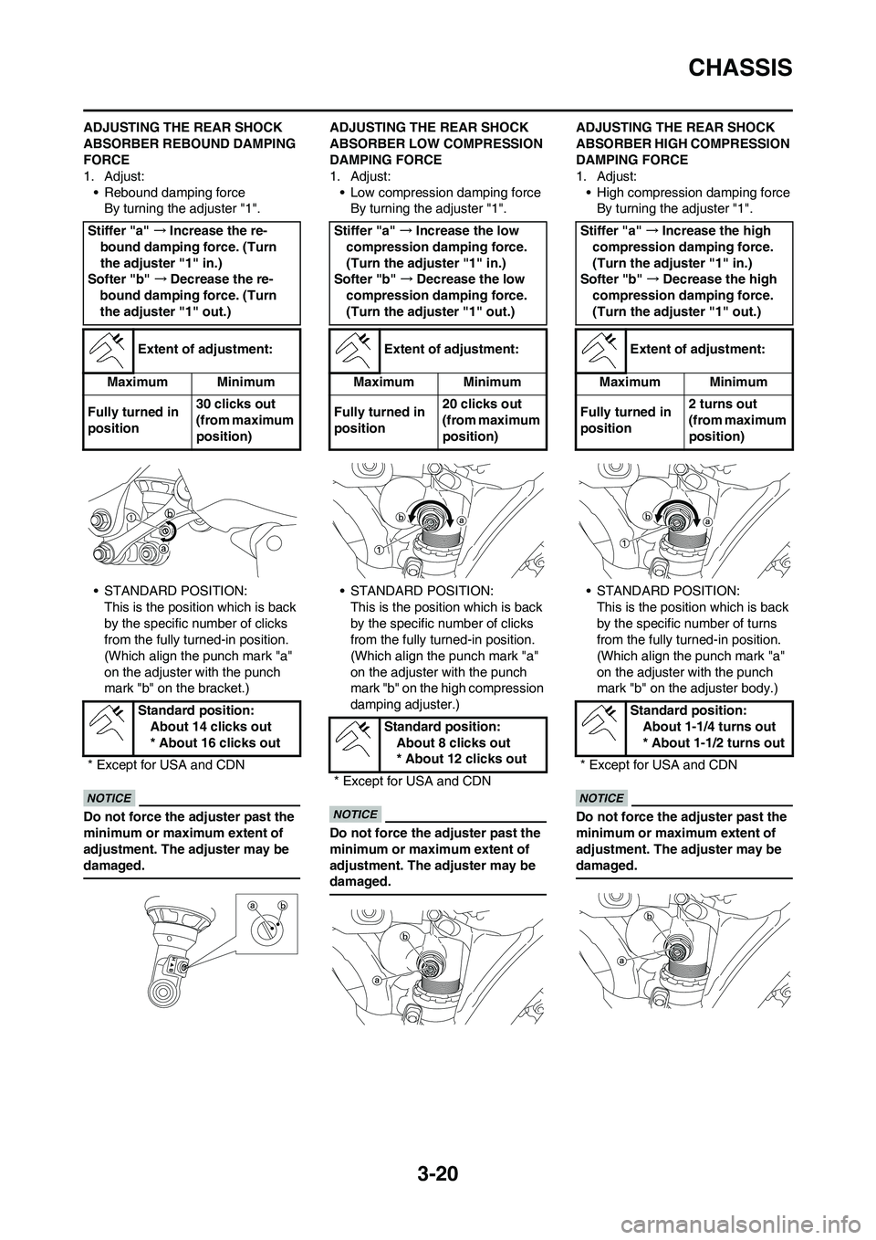 YAMAHA YZ450F 2011 Owners Manual 3-20
CHASSIS
ADJUSTING THE REAR SHOCK
ABSORBER REBOUND DAMPING
FORCE
1. Adjust:
• Rebound damping force
By turning the adjuster "1".
• STANDARD POSITION:
This is the position which is back
by t YAMAHA YZ450F 2011 Owners Manual 3-20
CHASSIS
ADJUSTING THE REAR SHOCK
ABSORBER REBOUND DAMPING
FORCE
1. Adjust:
• Rebound damping force
By turning the adjuster "1".
• STANDARD POSITION:
This is the position which is back
by t