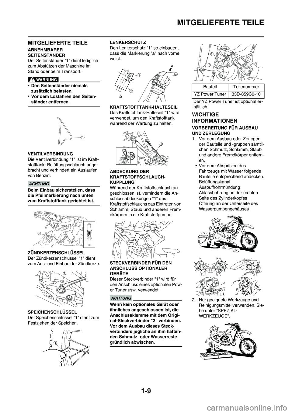 YAMAHA YZ450F 2011  Betriebsanleitungen (in German) 1-9
MITGELIEFERTE TEILE
MITGELIEFERTE TEILE
ABNEHMBARER 
SEITENSTÄNDER
Der Seitenständer "1" dient lediglich 
zum Abstützen der Maschine im 
Stand oder beim Transport.
• Den Seitenständer niemal