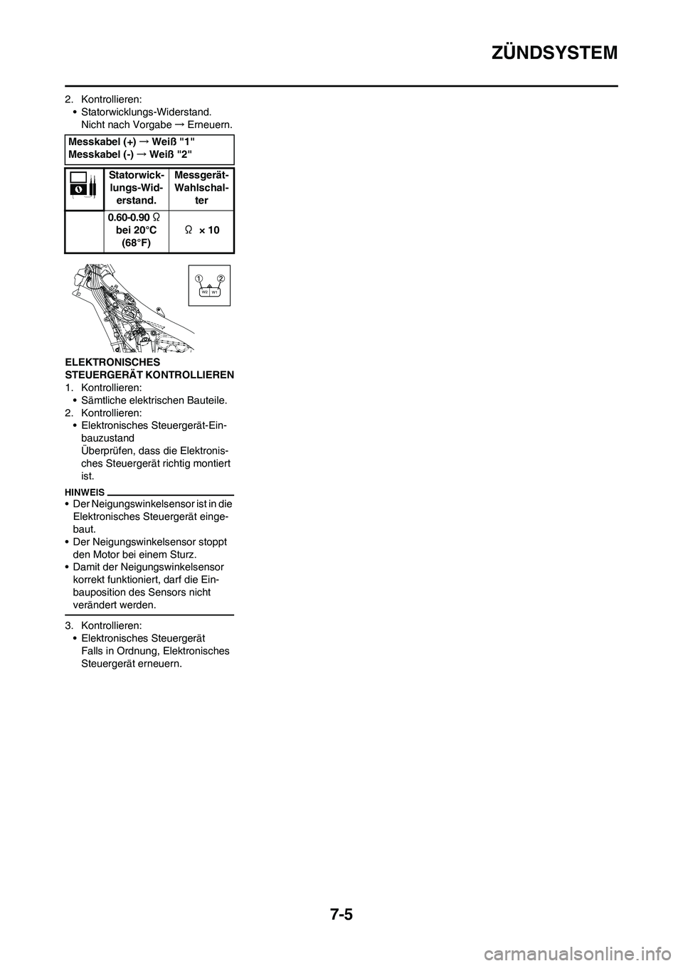 YAMAHA YZ450F 2011  Betriebsanleitungen (in German) 7-5
ZÜNDSYSTEM
2. Kontrollieren:
• Statorwicklungs-Widerstand.
Nicht nach Vorgabe→Erneuern.
ELEKTRONISCHES 
STEUERGERÄT KONTROLLIEREN
1. Kontrollieren:
• Sämtliche elektrischen Bauteile.
2. K