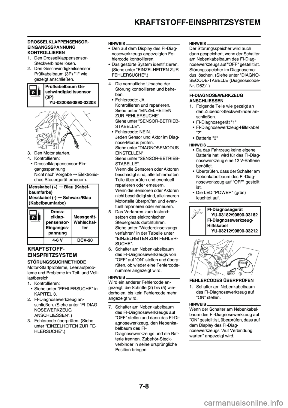 YAMAHA YZ450F 2011  Betriebsanleitungen (in German) 7-8
KRAFTSTOFF-EINSPRITZSYSTEM
DROSSELKLAPPENSENSOR-
EINGANGSSPANNUNG 
KONTROLLIEREN
1. Den Drosselklappensensor- 
Steckverbinder lösen.
2. Den Geschwindigkeitssensor 
Prüfkabelbaum (3P) "1" wie 
ge