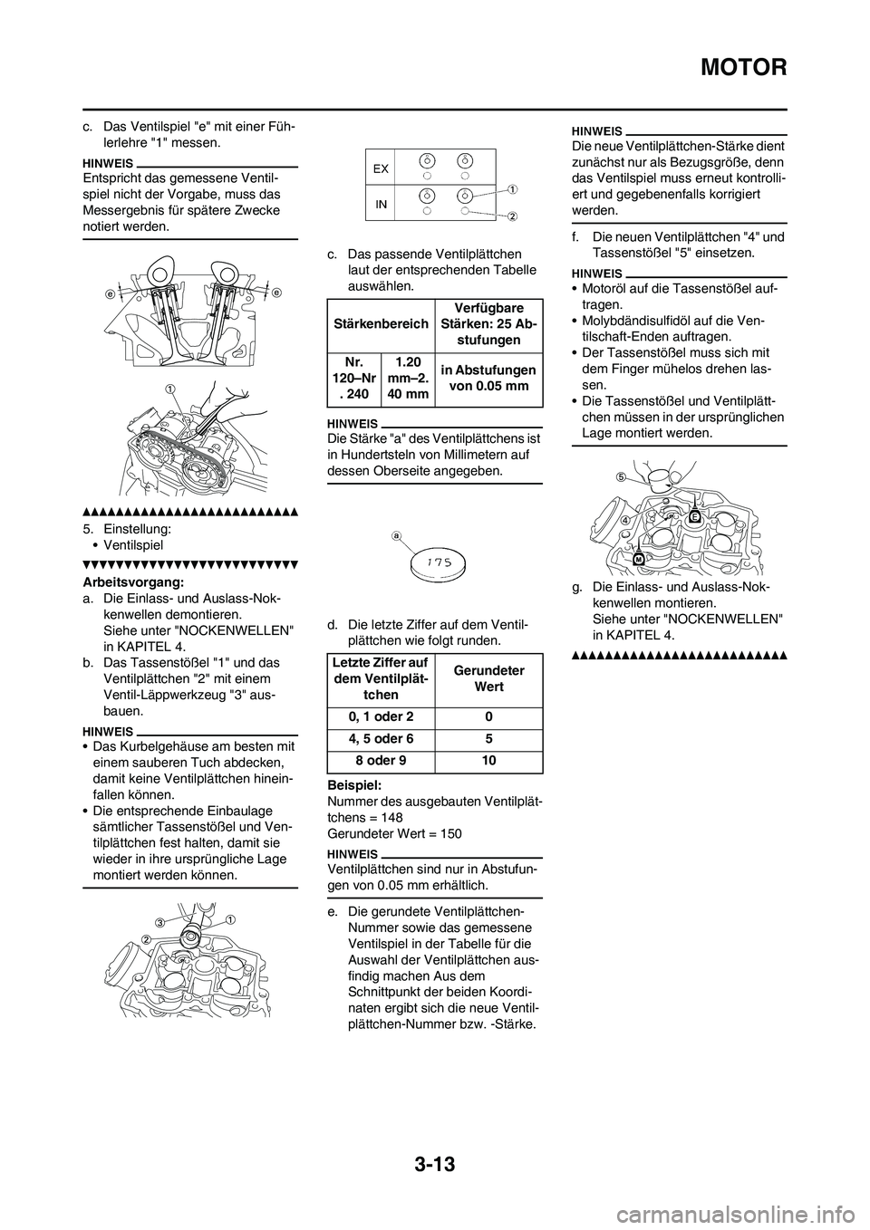 YAMAHA YZ450F 2011  Betriebsanleitungen (in German) 
3-13
MOTOR
c. Das Ventilspiel "e" mit einer Füh-lerlehre "1" messen.
Entspricht das gemessene Ventil-
spiel nicht der Vorgabe, muss das 
Messergebnis für spätere Zwecke 
notiert werden.
5. Einstel