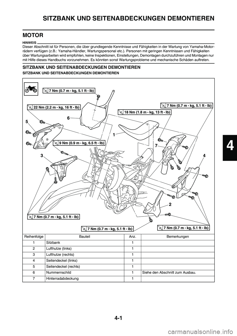 YAMAHA YZ450F 2011  Betriebsanleitungen (in German) 4-1
SITZBANK UND SEITENABDECKUNGEN DEMONTIEREN
MOTOR
Dieser Abschnitt ist für Personen, die über grundlegende Kenntnisse und Fähigkeiten in der Wartung von Yamaha-Motor-
rädern verfügen (z.B.: Ya