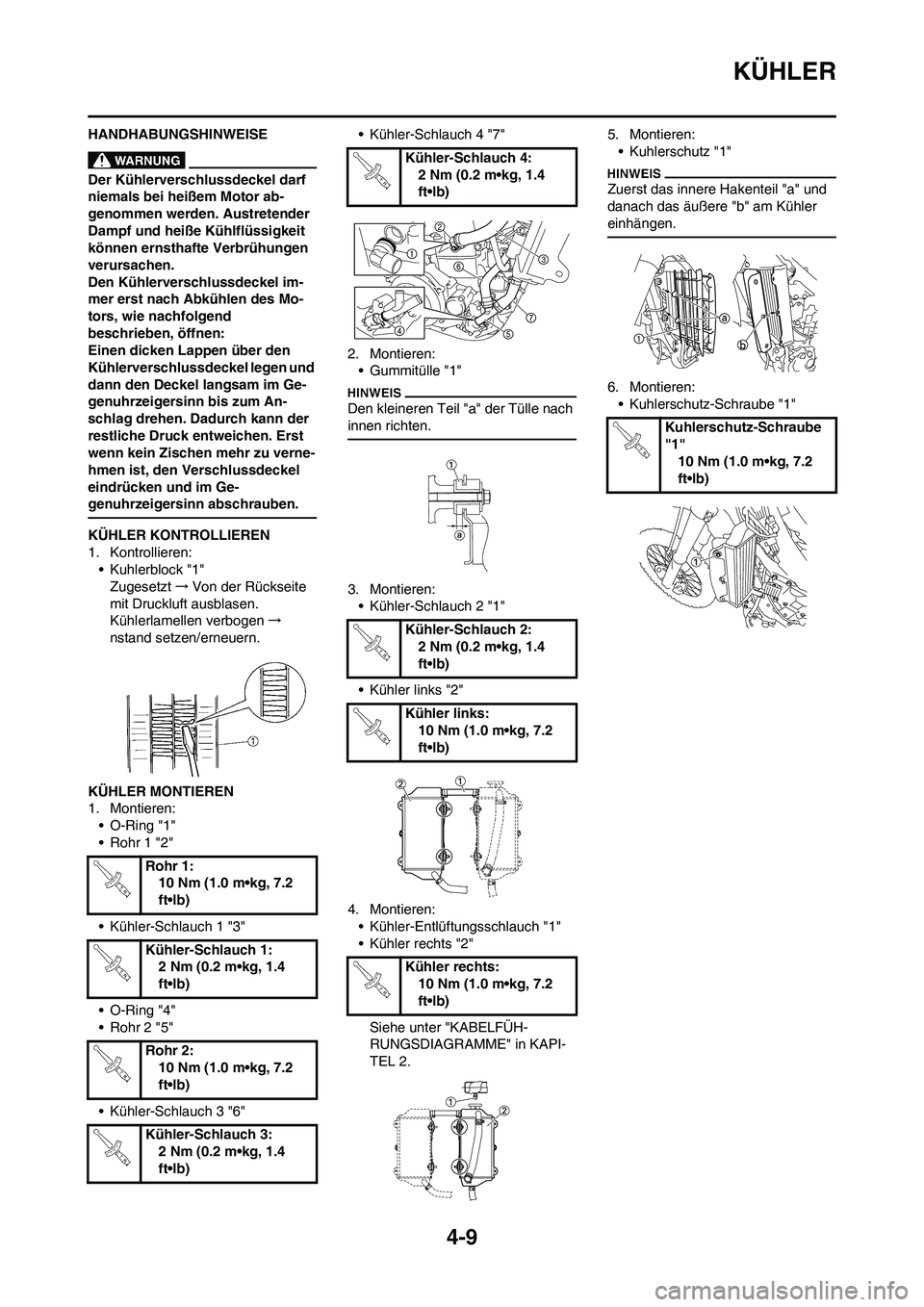 YAMAHA YZ450F 2011  Betriebsanleitungen (in German) 4-9
KÜHLER
HANDHABUNGSHINWEISE
Der Kühlerverschlussdeckel darf 
niemals bei heißem Motor ab-
genommen werden. Austretender 
Dampf und heiße Kühlflüssigkeit 
können ernsthafte Verbrühungen 
ver