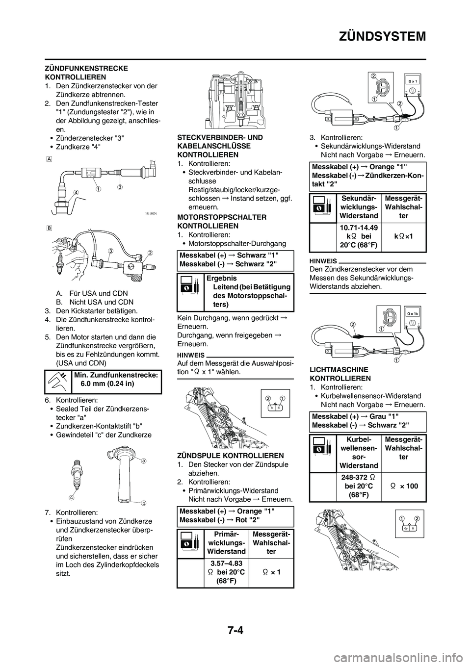 YAMAHA YZ450F 2010  Betriebsanleitungen (in German) 7-4
ZÜNDSYSTEM
ZÜNDFUNKENSTRECKE 
KONTROLLIEREN
1. Den Zündkerzenstecker von der 
Zündkerze abtrennen.
2. Den Zundfunkenstrecken-Tester 
"1" (Zundungstester "2"), wie in 
der Abbildung gezeigt, an